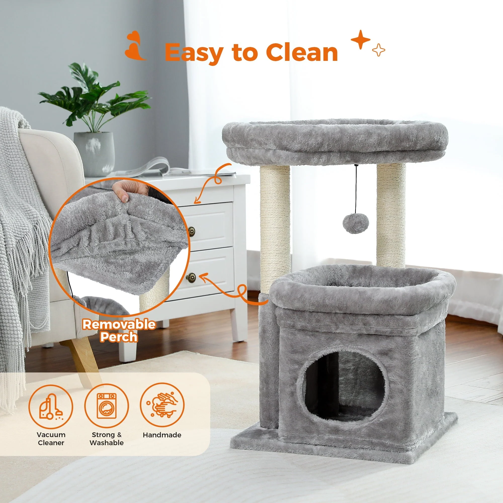 Cozy Gray Cat Tree Condo - 27" Multi-Level Tower with Spacious Perch and Scratching Posts for Kittens and Medium Cats - Image 6