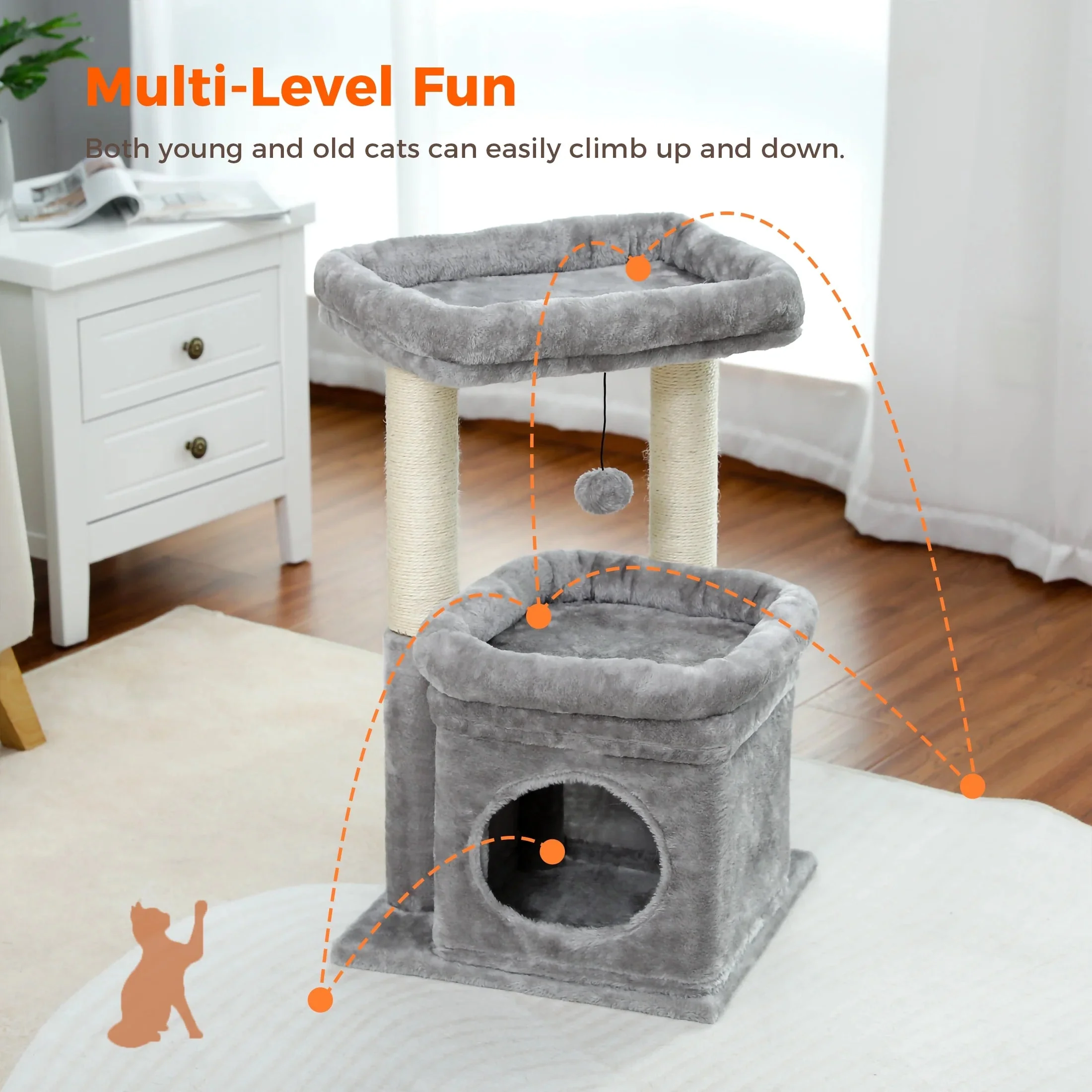 Cozy Gray Cat Tree Condo - 27" Multi-Level Tower with Spacious Perch and Scratching Posts for Kittens and Medium Cats - Image 7