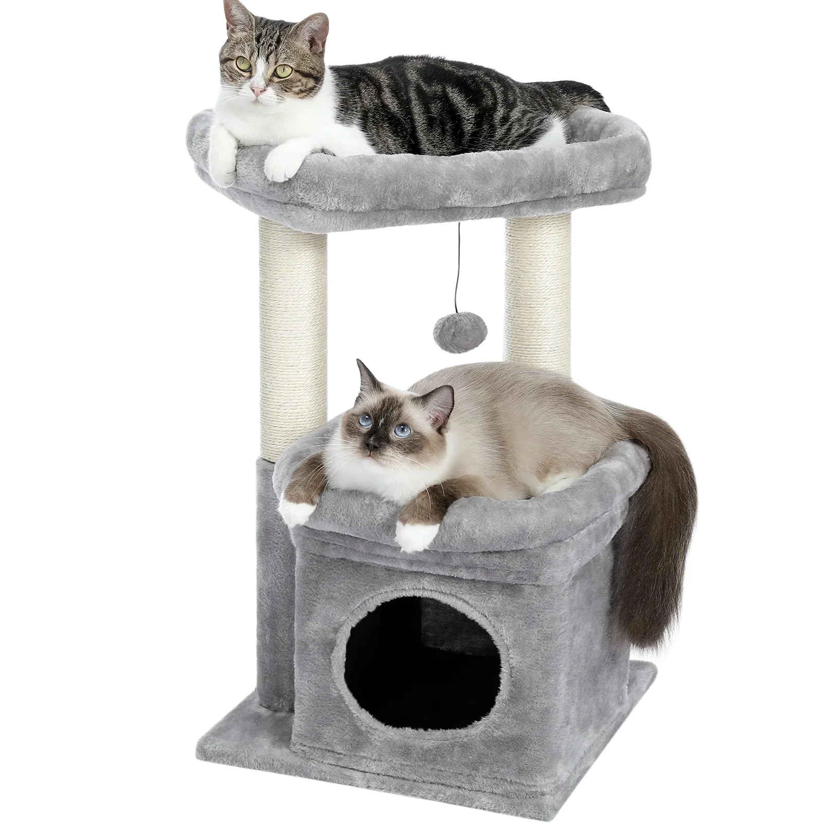 Cozy Gray Cat Tree Condo - 27" Multi-Level Tower with Spacious Perch and Scratching Posts for Kittens and Medium Cats - Image 9