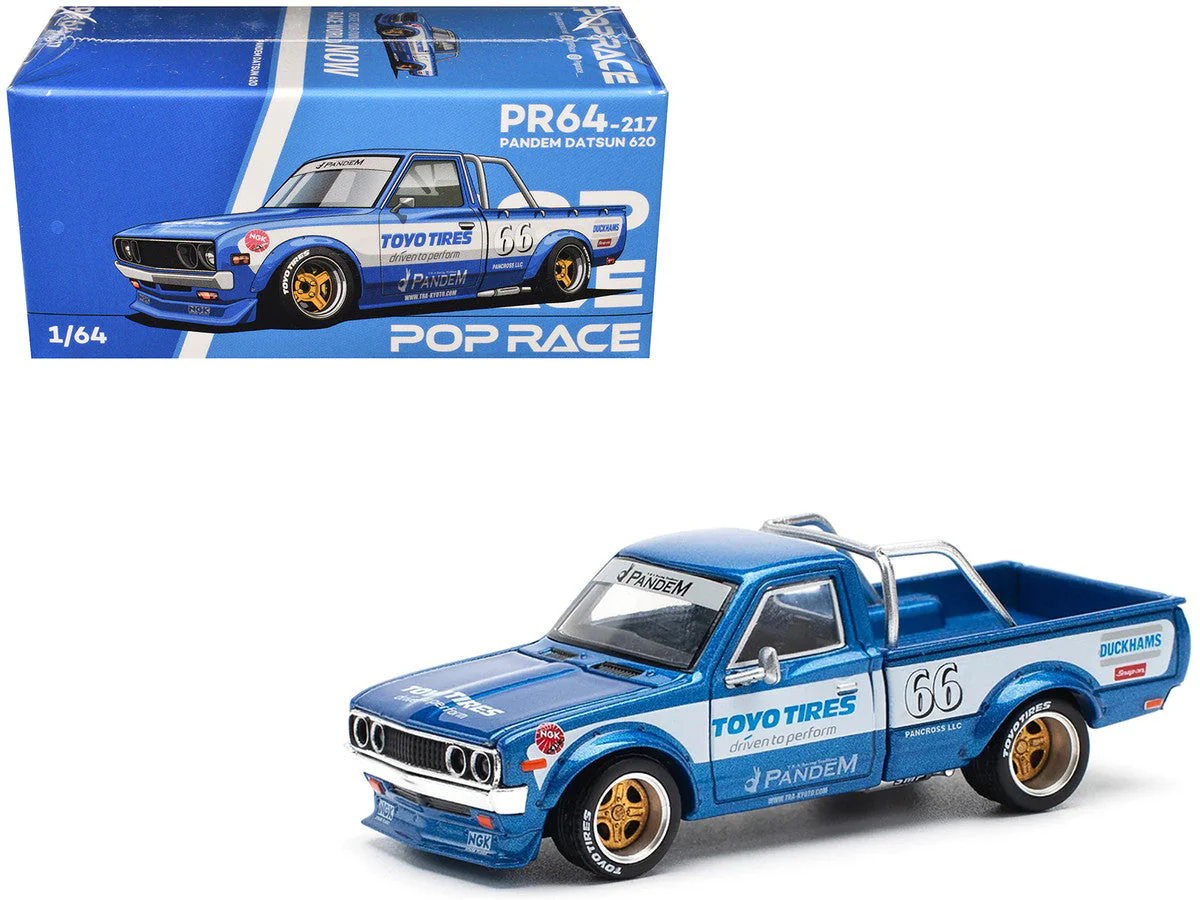 Datsun Pandem 620 Pickup Truck #66 Blue Metallic with White Stripes and Graphics 1/64 Diecast Model Car by Pop Race - Image 4