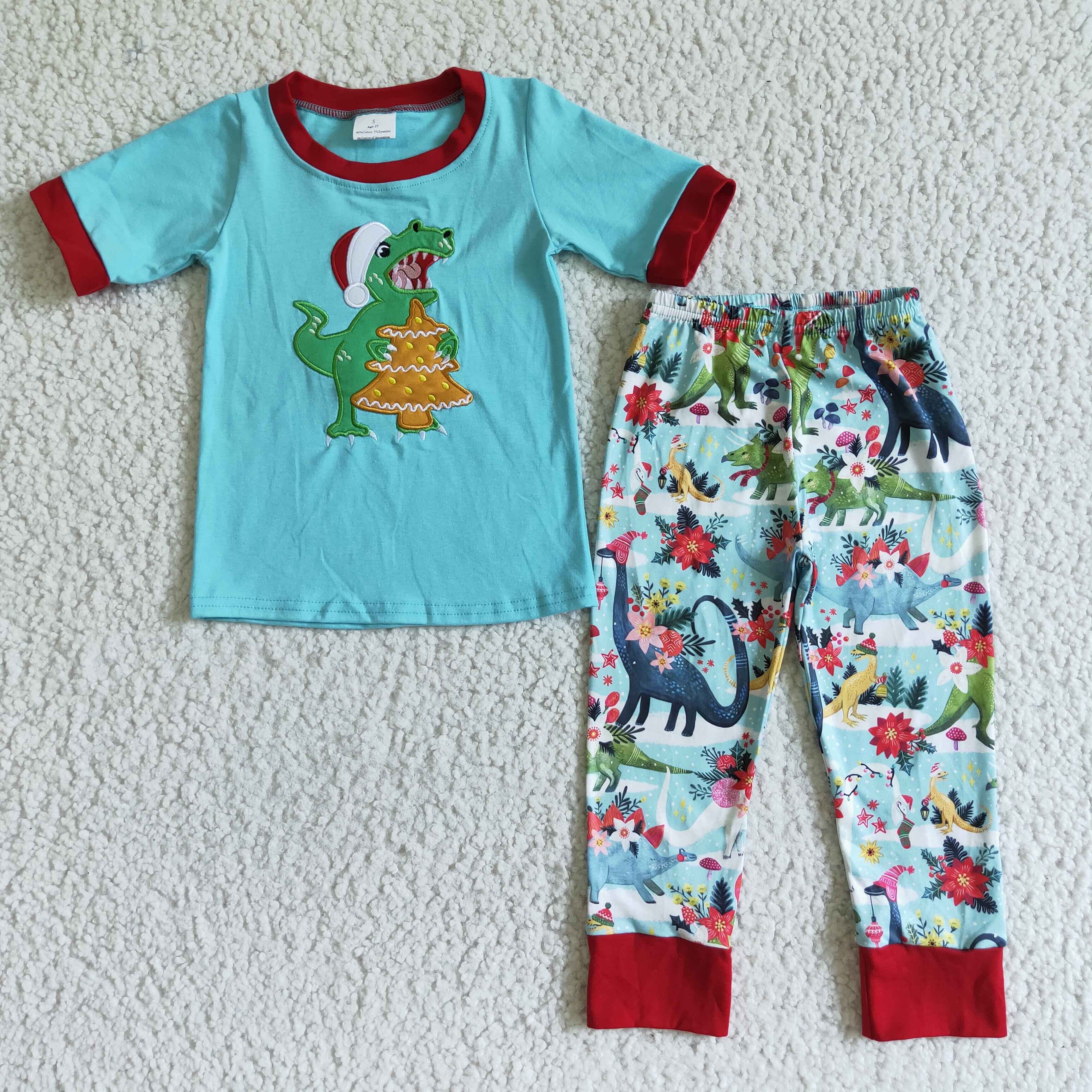 Dinosaur embroidery cotton shirt pants kids boy Christmas pajamas - Image 2