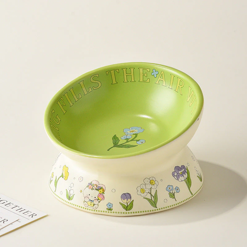 Dog bowl ceramic green white flowers - Image 2