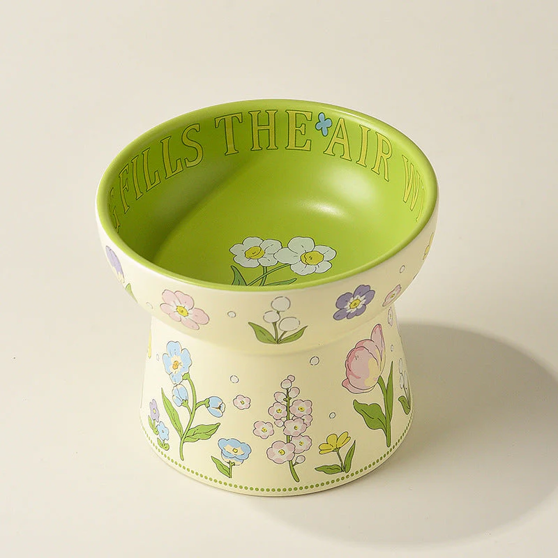 Dog bowl ceramic green white flowers - Image 3