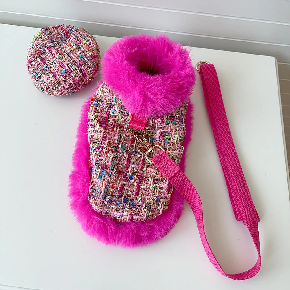 Dog cape+hat+leash sets hot pink tweed - Image 2