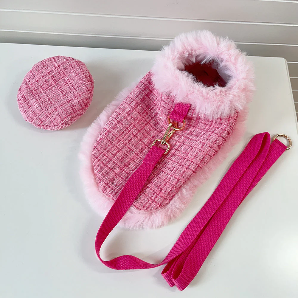 Dog cape+hat+leash sets pink tweed - Image 2