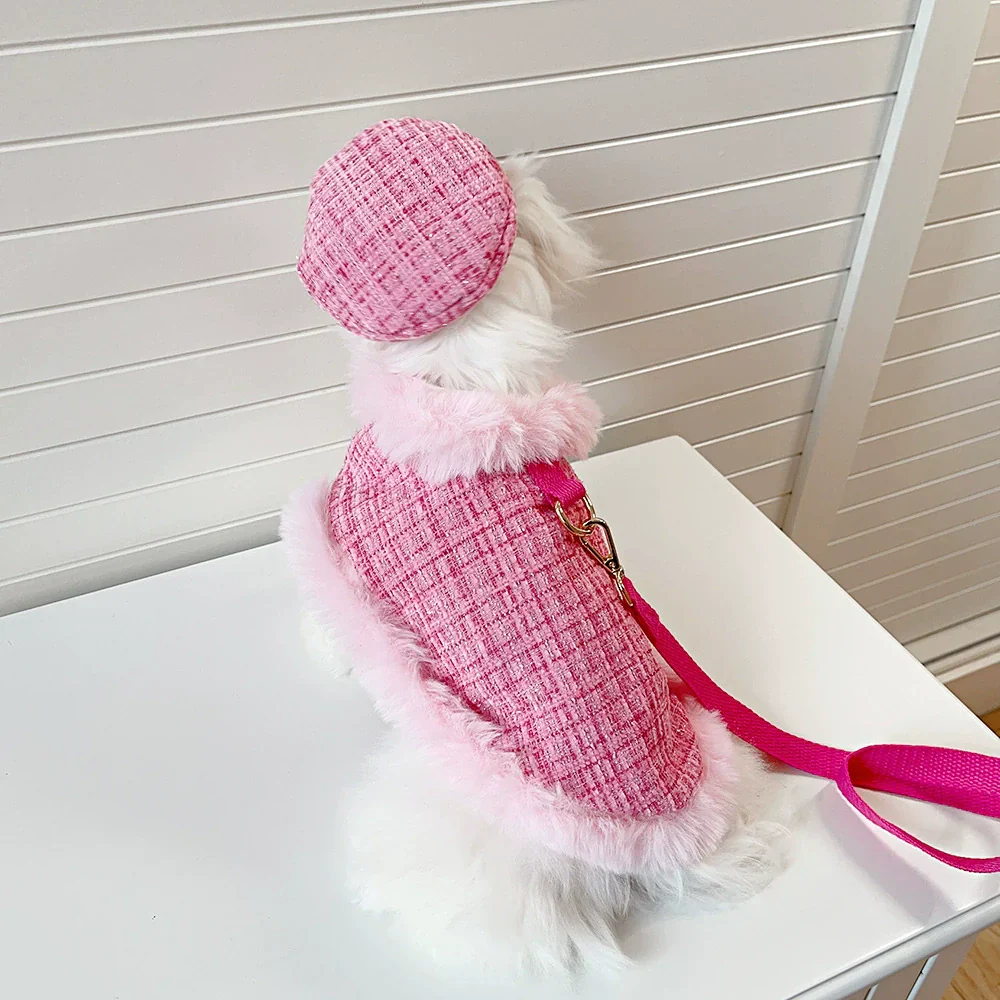 Dog cape+hat+leash sets pink tweed - Image 3