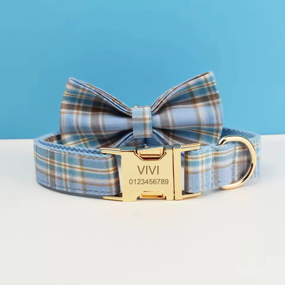 Dog Collar Leash Harness Set, Blue Plaid - Image 13
