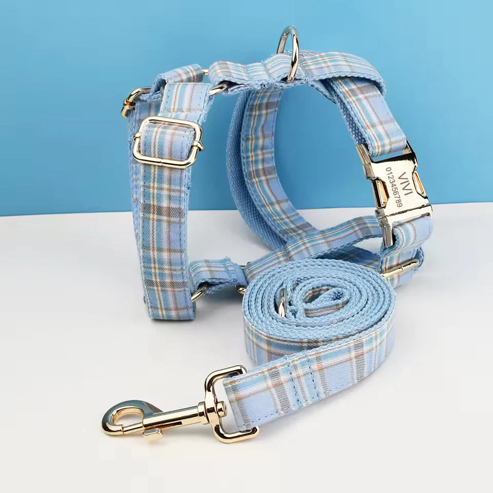 Dog Collar Leash Harness Set, Blue Plaid - Image 14