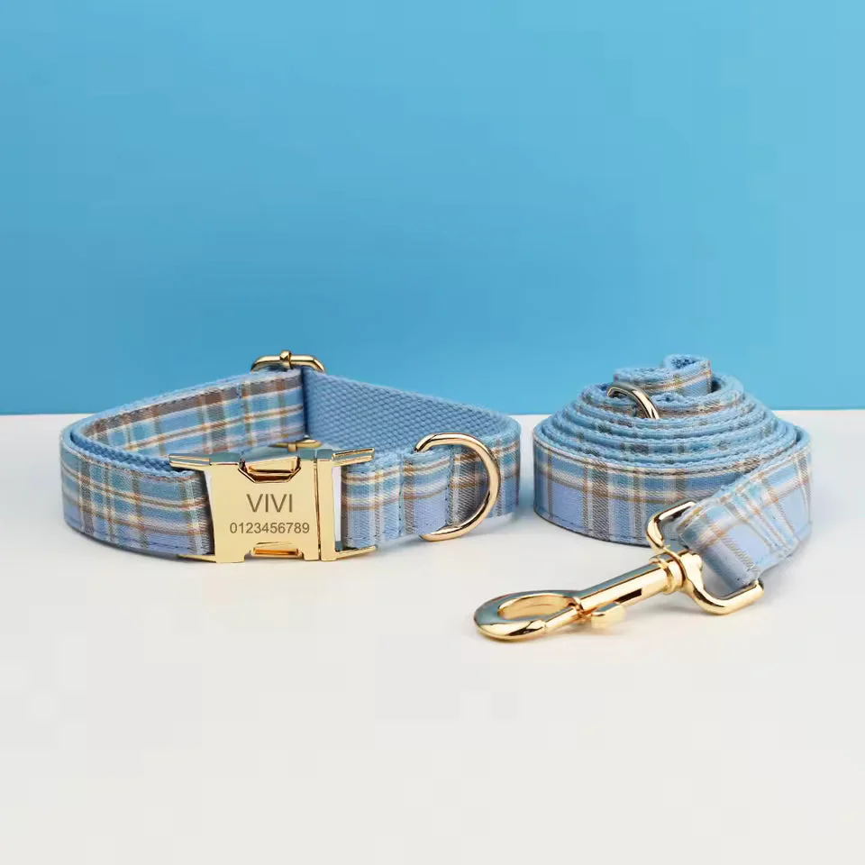 Dog Collar Leash Harness Set, Blue Plaid - Image 17