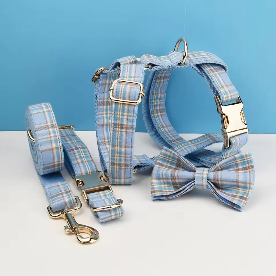 Dog Collar Leash Harness Set, Blue Plaid - Image 18