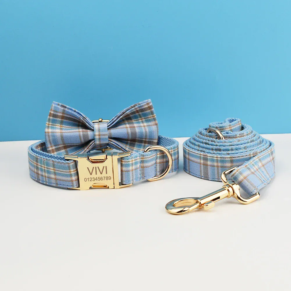 Dog Collar Leash Harness Set, Blue Plaid - Image 3