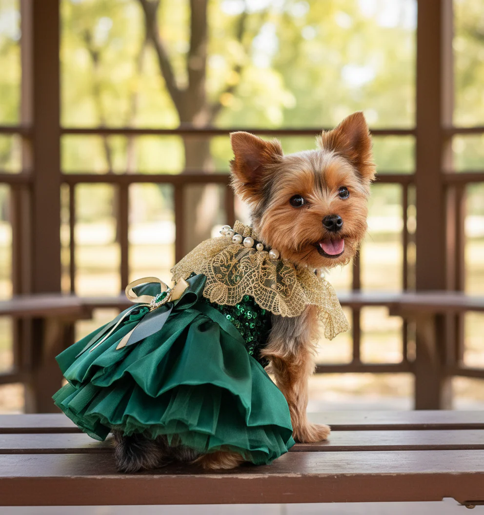 Dog Dress Green Velvet Emerald Pearl - Image 3