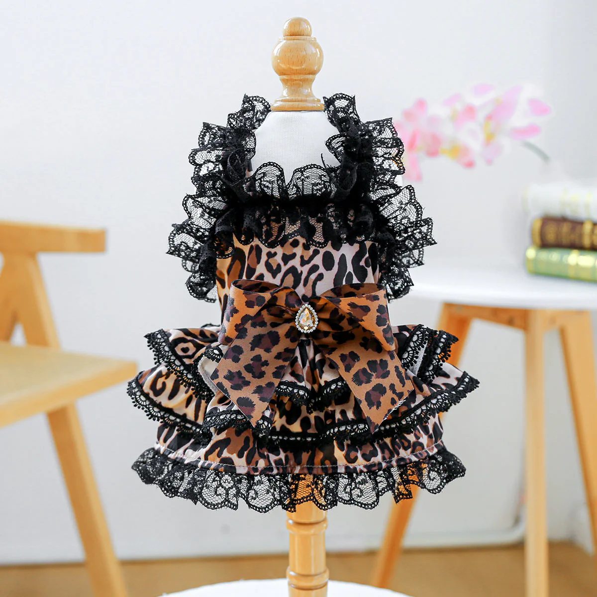 Dog Dress – Leopard Print & Lace Ruffles with Bow - Image 2