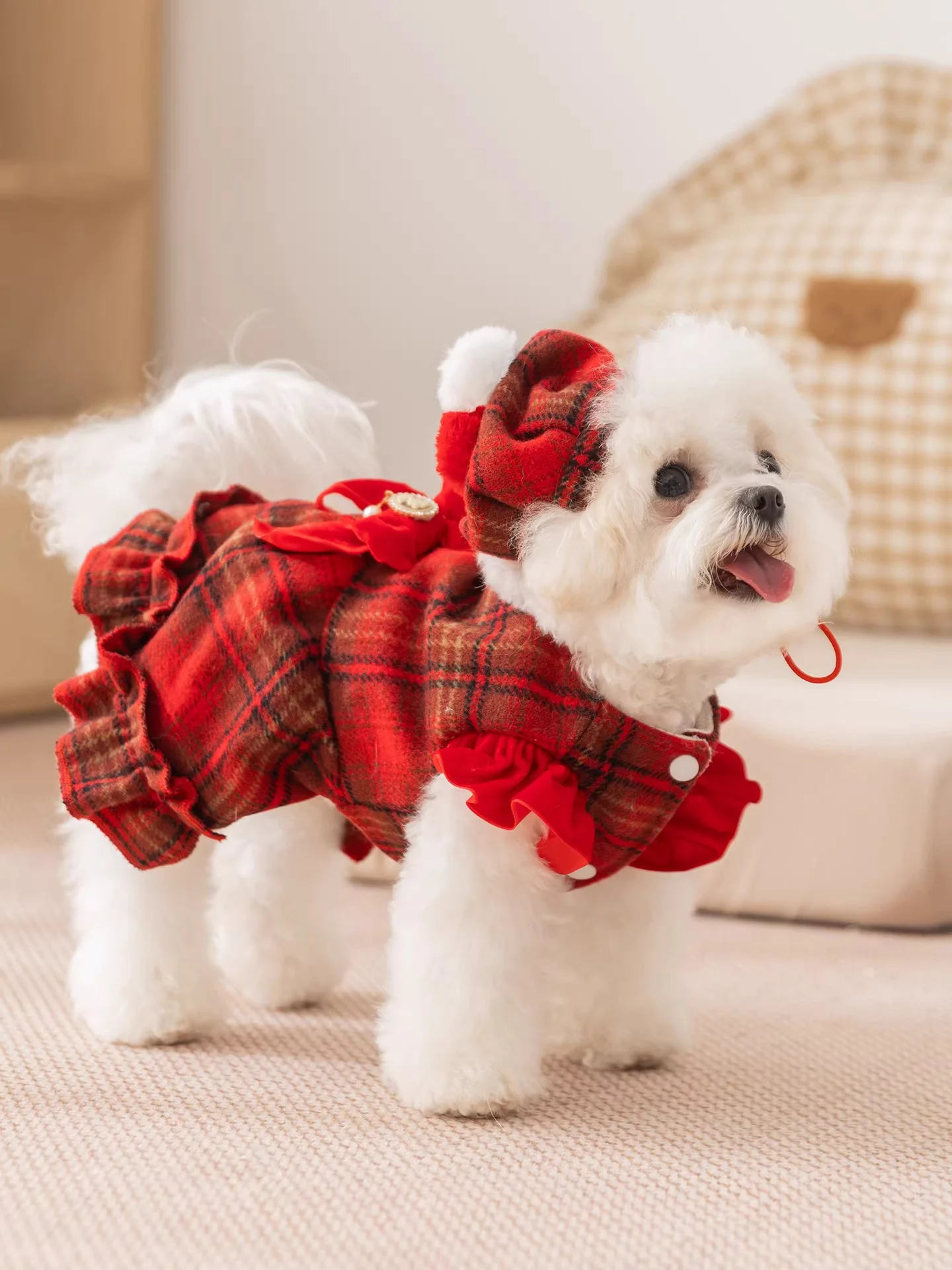 Dog Dress with Hat Warm Red Plaid - Image 2