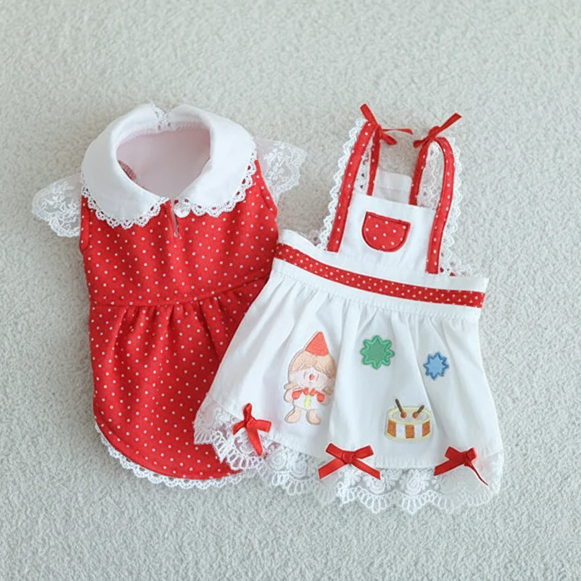 Dog  dresses 2-piece set red cute dot - Image 2