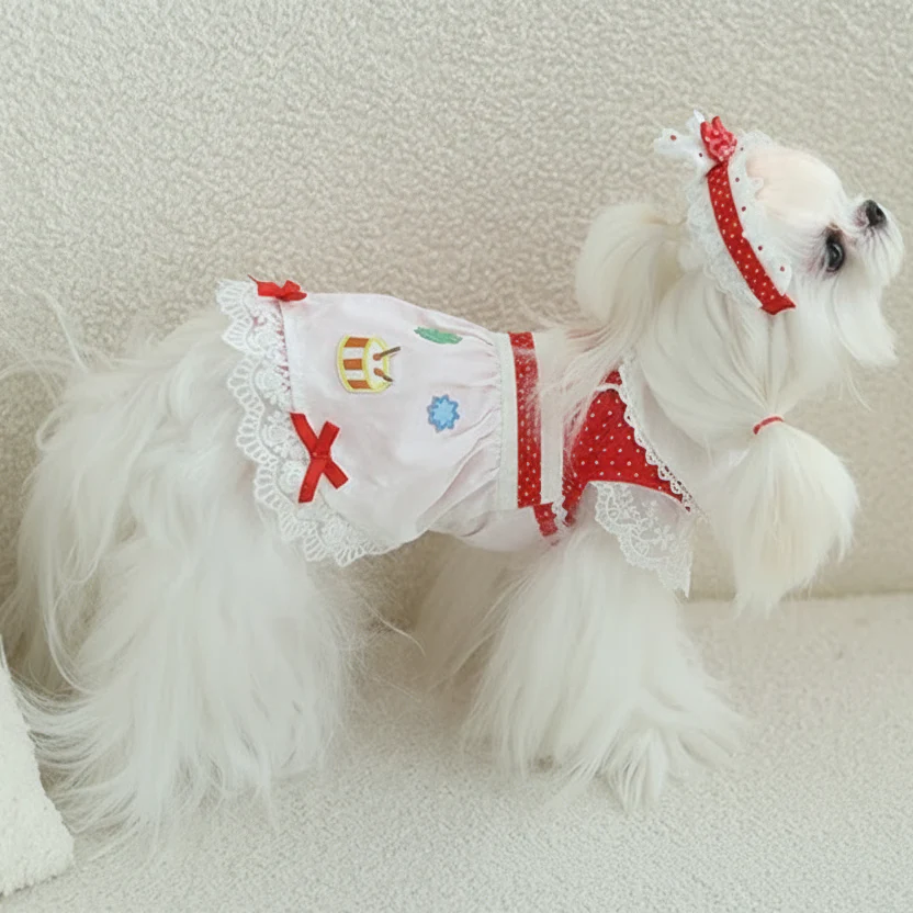 Dog  dresses 2-piece set red cute dot - Image 3