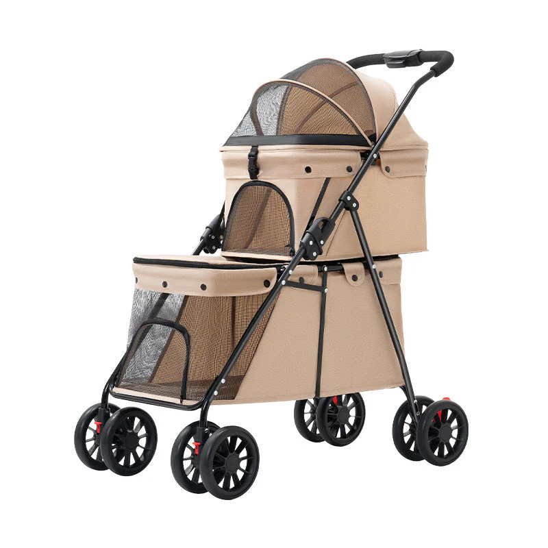 Double Pet Stroller + Foldable Beige Linen Breathable Design - Image 2