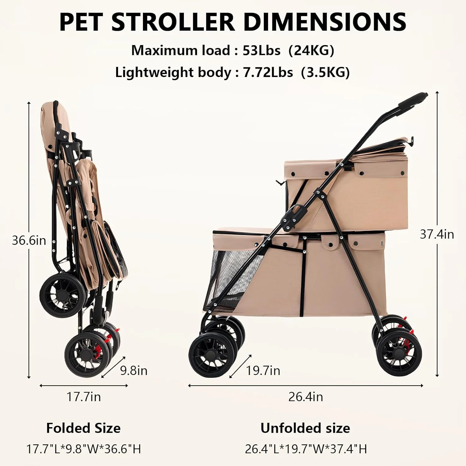 Double Pet Stroller + Foldable Beige Linen Breathable Design - Image 3