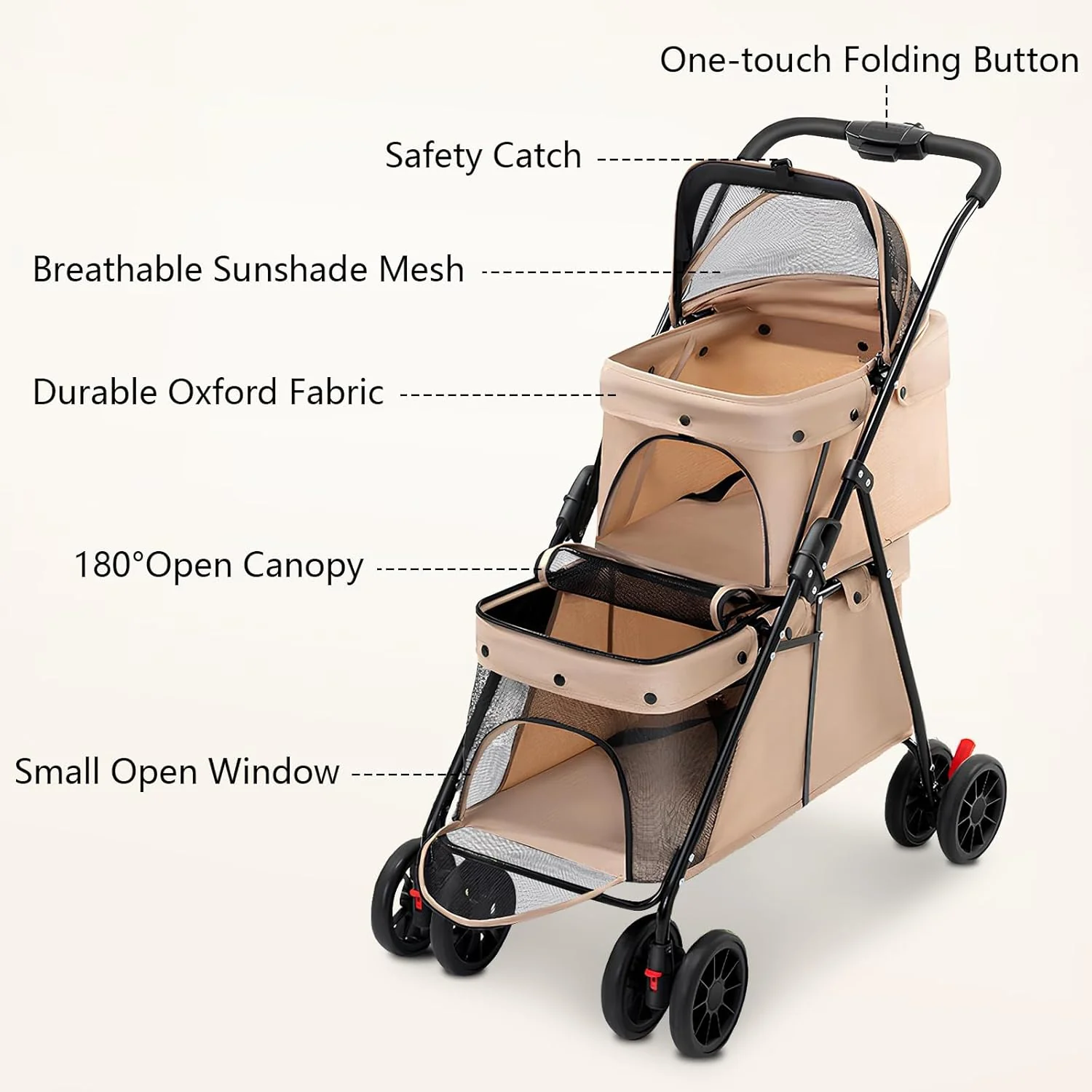 Double Pet Stroller + Foldable Beige Linen Breathable Design - Image 4