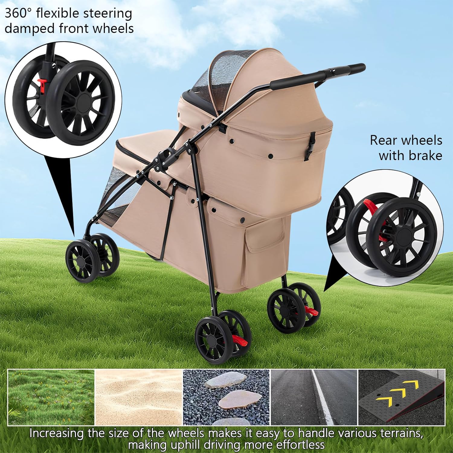 Double Pet Stroller + Foldable Beige Linen Breathable Design - Image 5