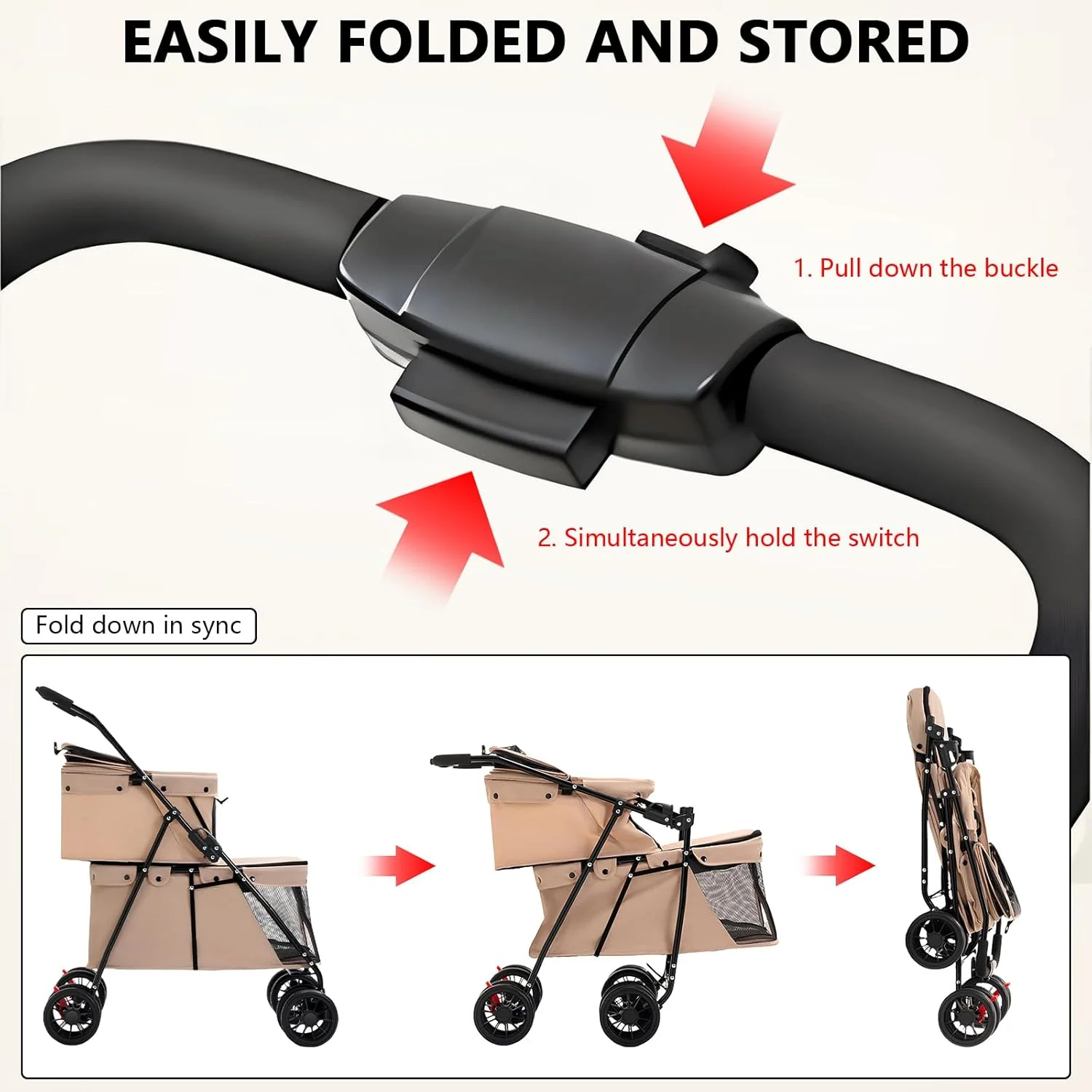 Double Pet Stroller + Foldable Beige Linen Breathable Design - Image 6