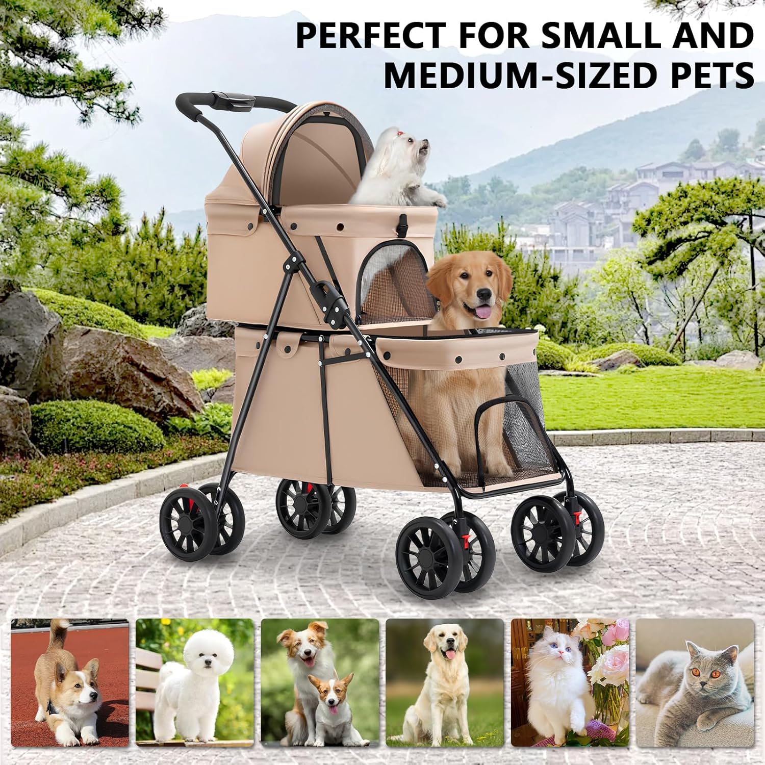 Double Pet Stroller + Foldable Beige Linen Breathable Design - Image 7