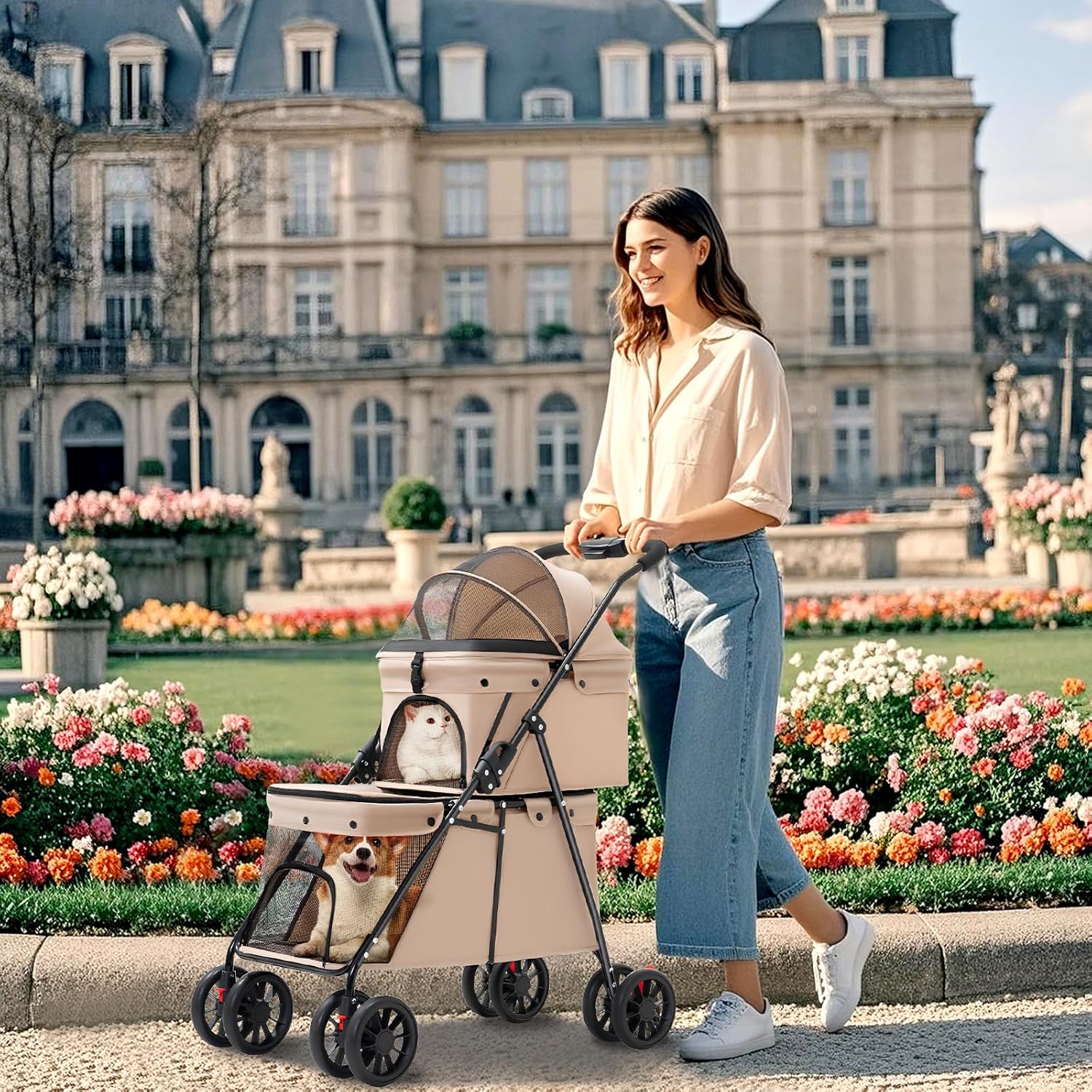 Double Pet Stroller + Foldable Beige Linen Breathable Design - Image 8