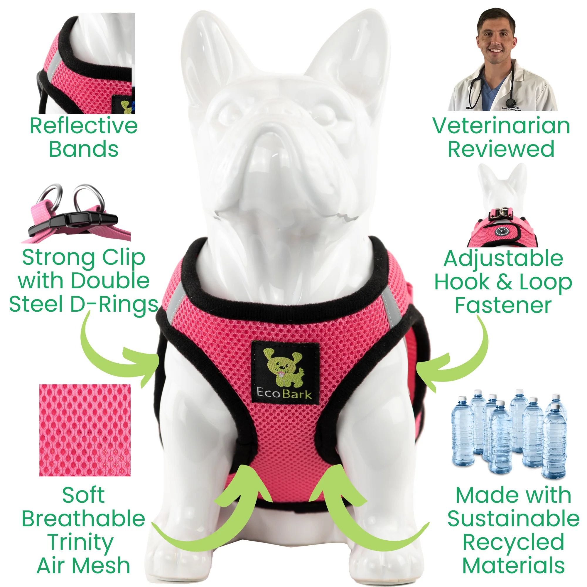 EcoBark Bubblegum Pink Step In Dog Harness - Reflective Soft Mesh Harness for Teacup, Small Dogs and Puppies - Image 2