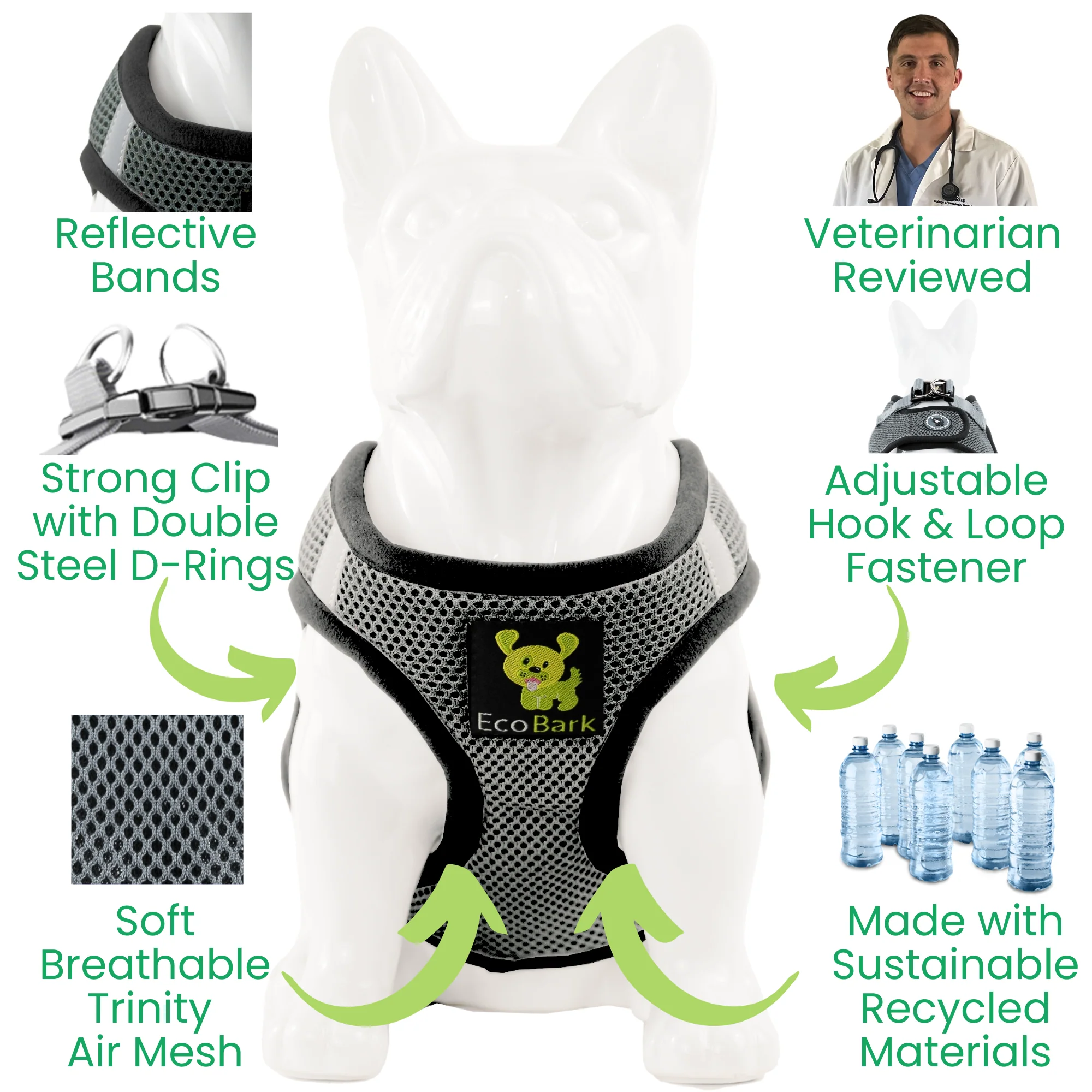 EcoBark Grey Step In Dog Harness - Reflective Soft Mesh Harness for Teacup, Small Dogs and Puppies - Image 2