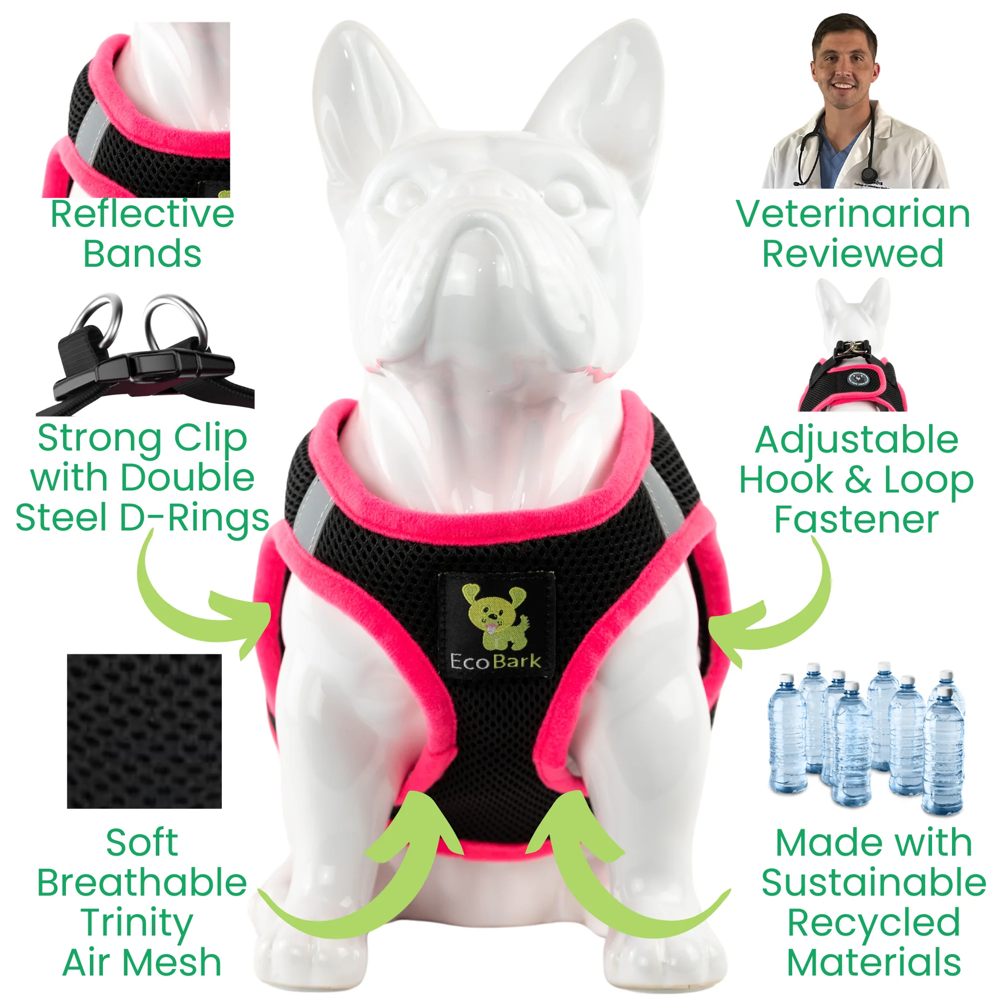 EcoBark Hot Pink Step In Dog Harness - Reflective Soft Mesh Harness for Teacup, Small Dogs and Puppies - Image 2