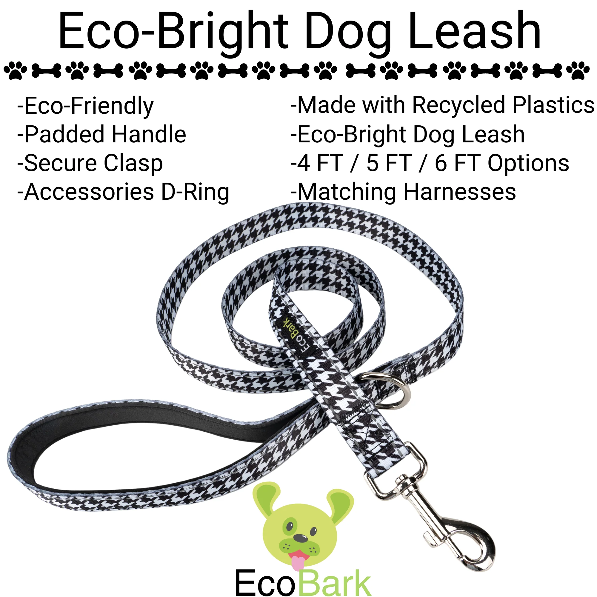 EcoBark Houndstooth Dog Leash- Padded Comfort Grip Leash - 4ft, 5ft, and 6ft Leash for Small and Medium Dogs - Image 2