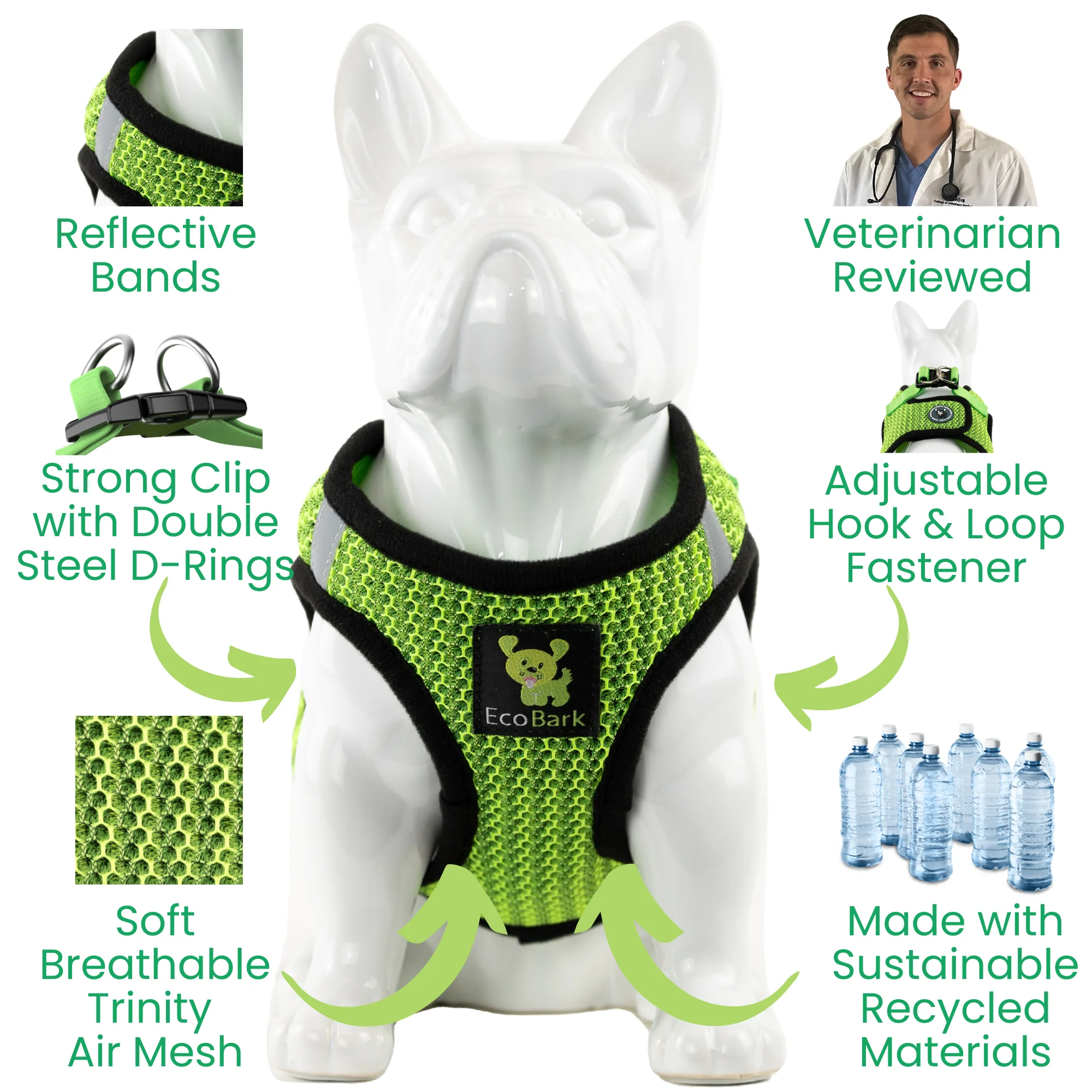 EcoBark Neon Green Step In Dog Harness - Rapid Fastener Reflective Soft Mesh Vest Halter for XXXS to Small Dogs and Puppies - Image 2