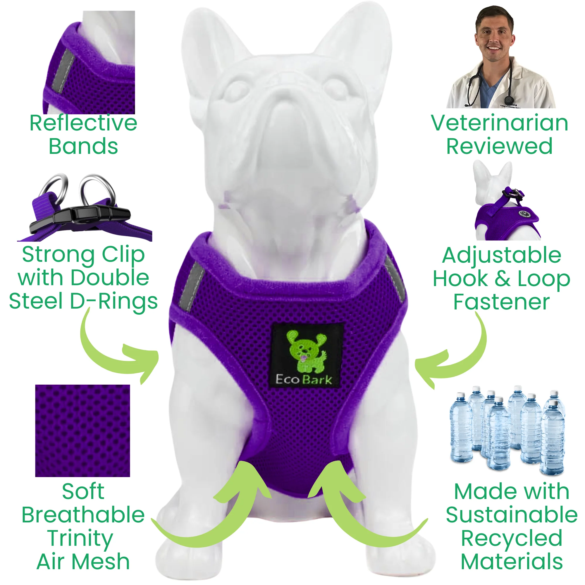 EcoBark Purple Step In Dog Harness - Rapid Fastener Reflective Soft Mesh Dog Vest Halter for Small Dogs and Puppies - Image 3