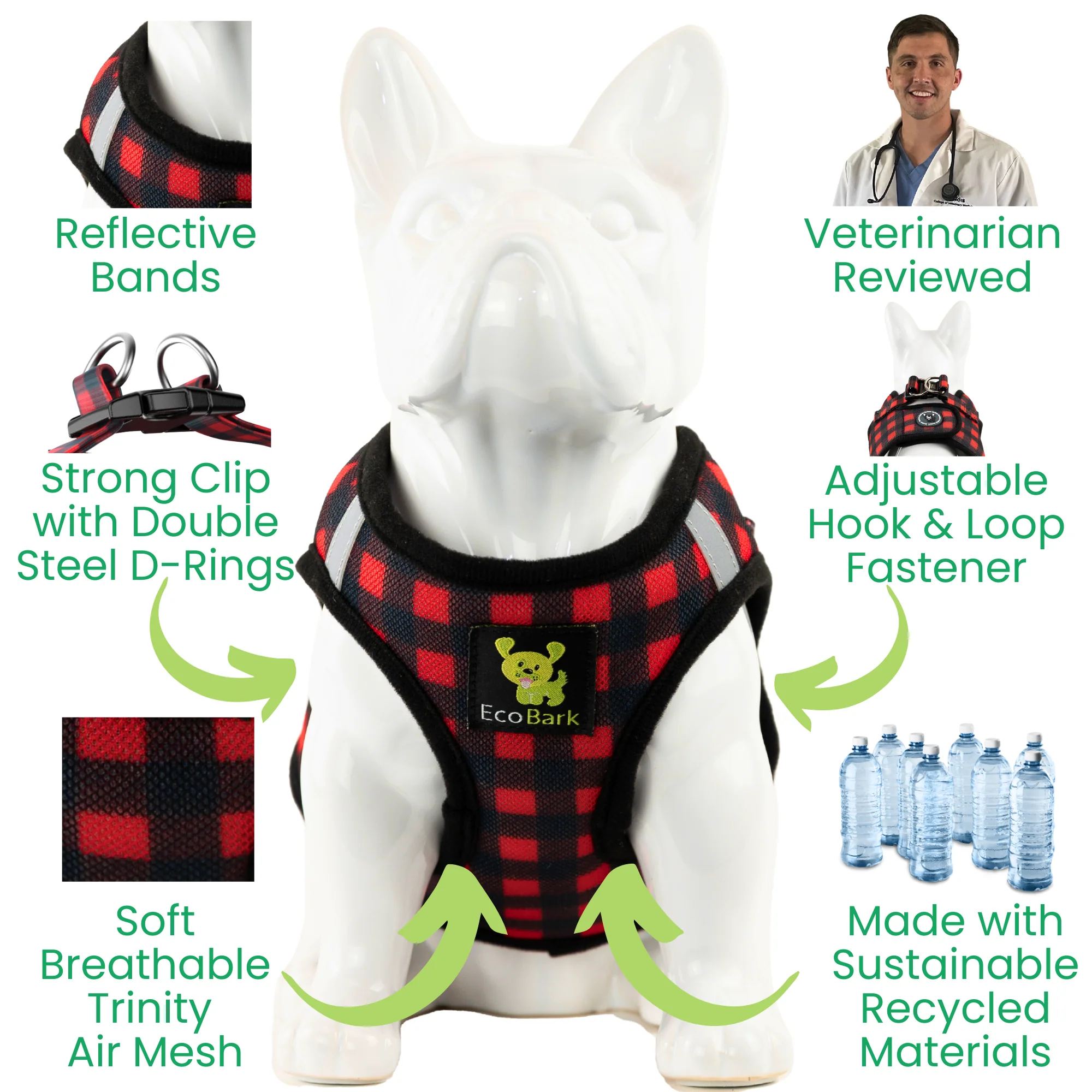 EcoBark Red Plaid Step In Dog Harness - Rapid Fastener Reflective Soft Mesh Dog Vest Halter for XXXS to Small Dogs and Puppies - Image 3