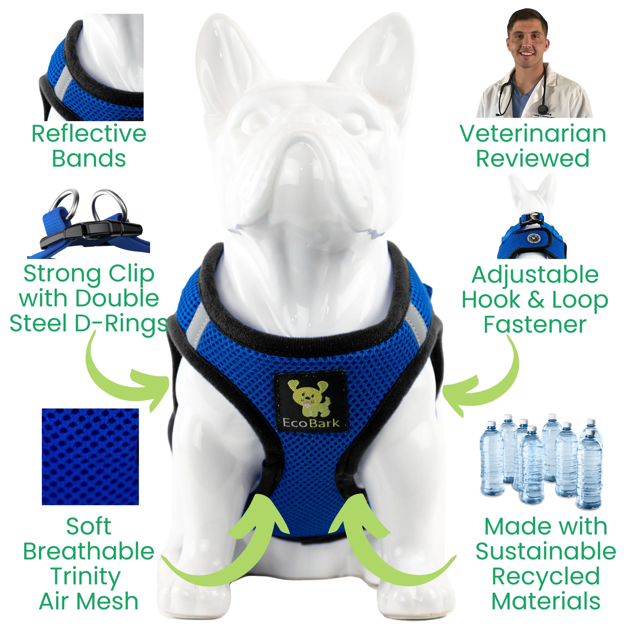 EcoBark Royal Blue Step In Dog Harness - Rapid Fastener Reflective Soft Mesh Vest Halter for XXXS to Small Dogs and Puppies - Image 2