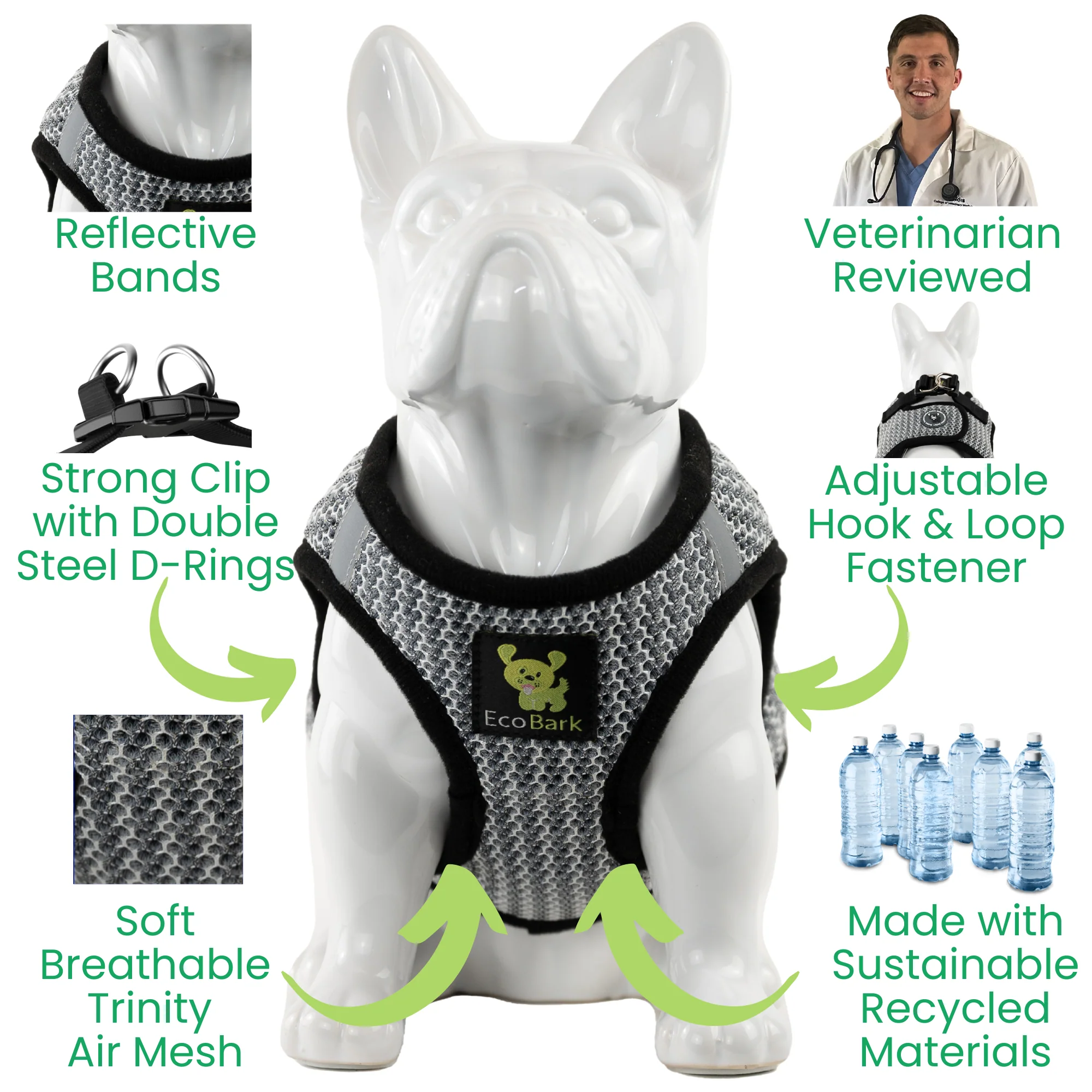 EcoBark Steel Gray Step In Dog Harness - Rapid Fastener Reflective Soft Mesh Vest Halter for Puppies and XXXS to Small Dogs - Image 2