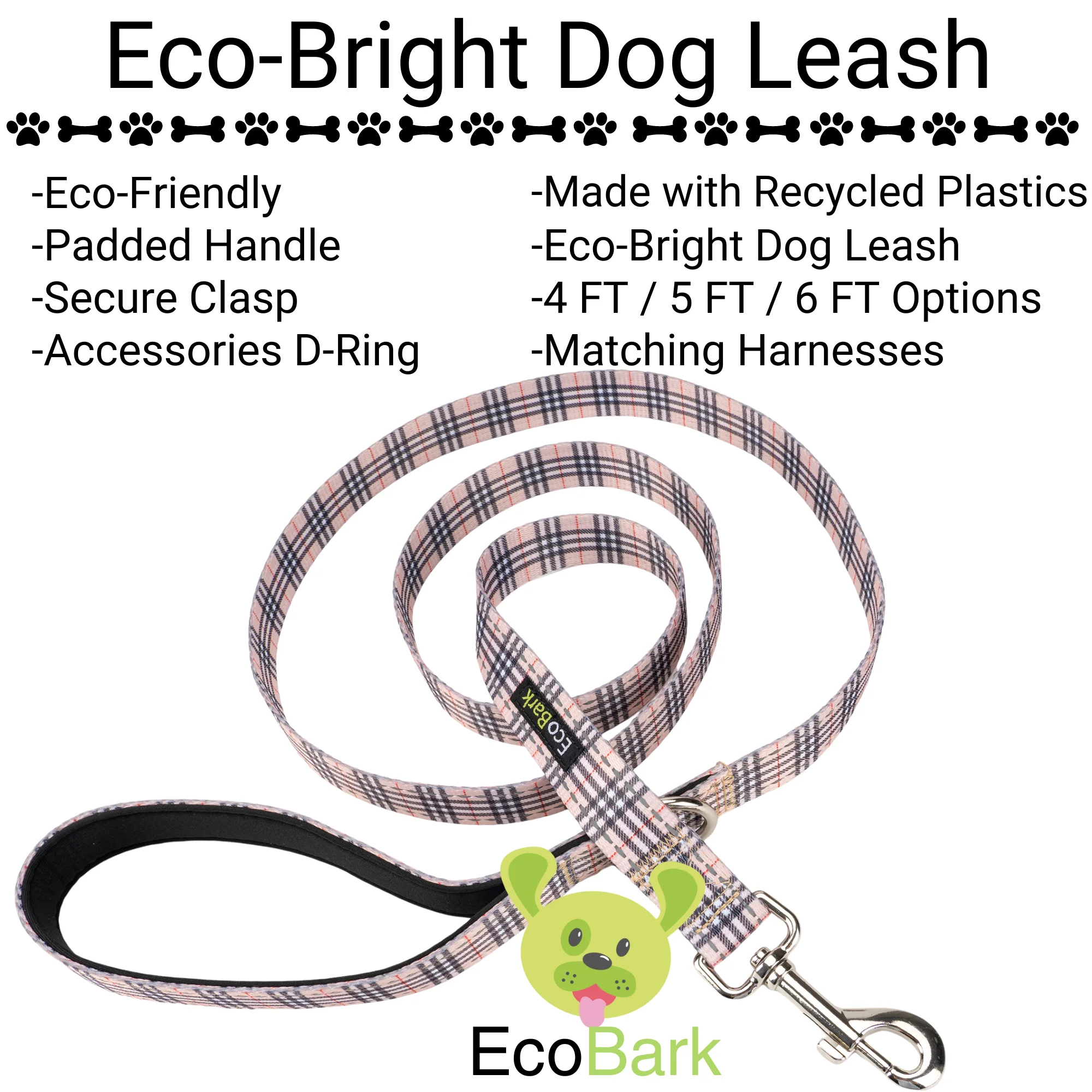 EcoBark Tan Plaid Dog Leash- Padded Comfort Grip Leash - 4ft, 5ft, and 6ft Leash for Small and Medium Dogs - Image 2