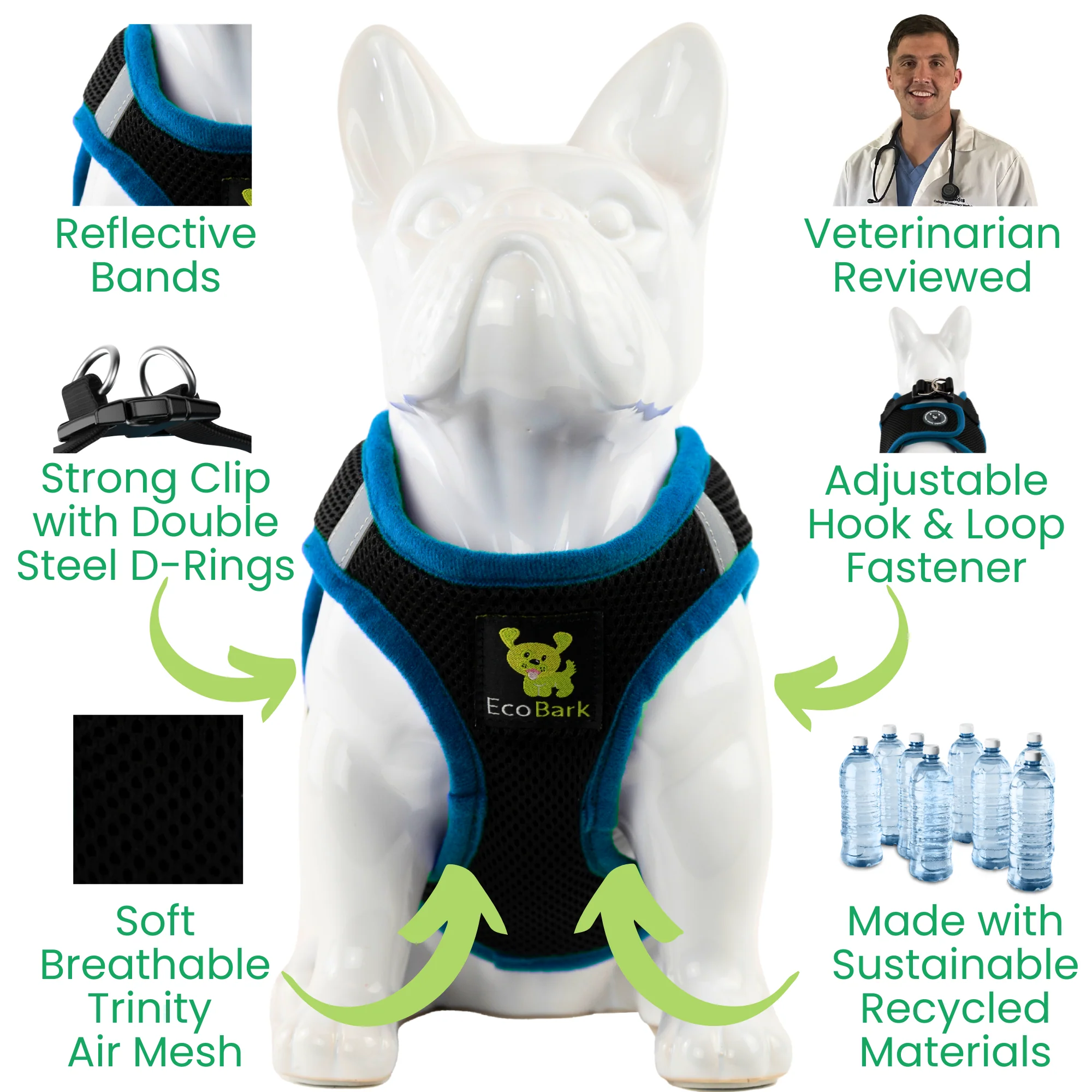 EcoBark Teal and Black Step In Dog Harness - Rapid Fastener Reflective Soft Mesh Vest Halter for Puppies and XXXS to Small Dogs - Image 3