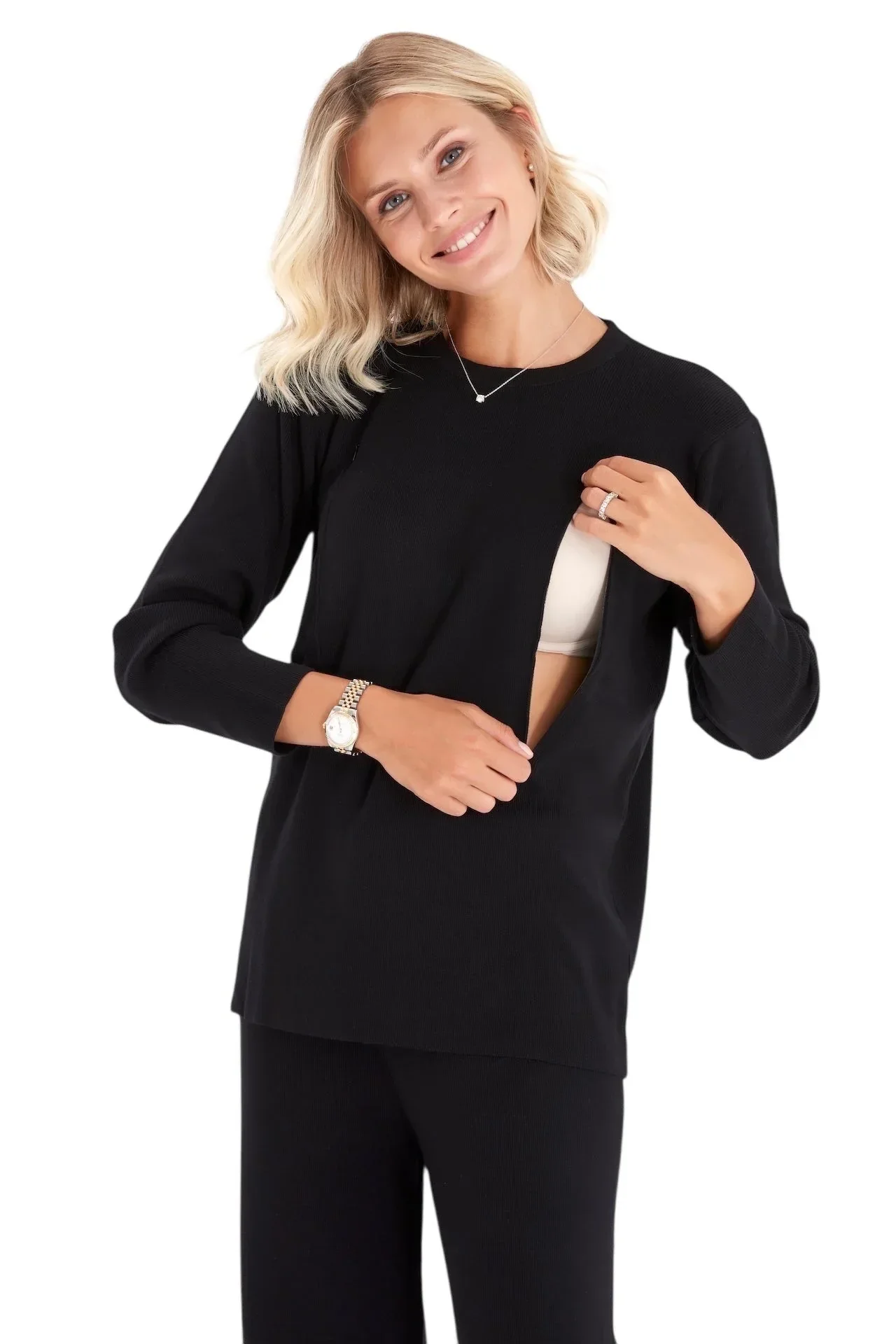 Effortless Elegance Set with Rib Side Zip Long Sleeve Maternity/Nursing Top & Lounge Pants - Image 19