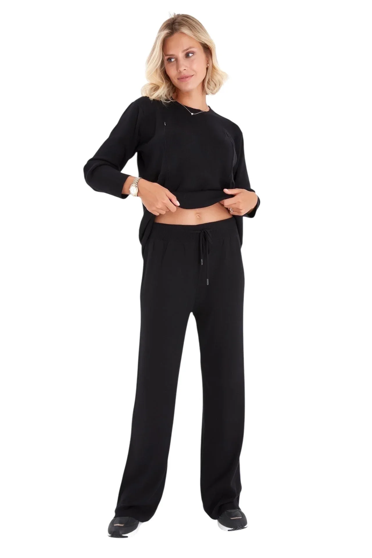 Effortless Elegance Set with Rib Side Zip Long Sleeve Maternity/Nursing Top & Lounge Pants - Image 24