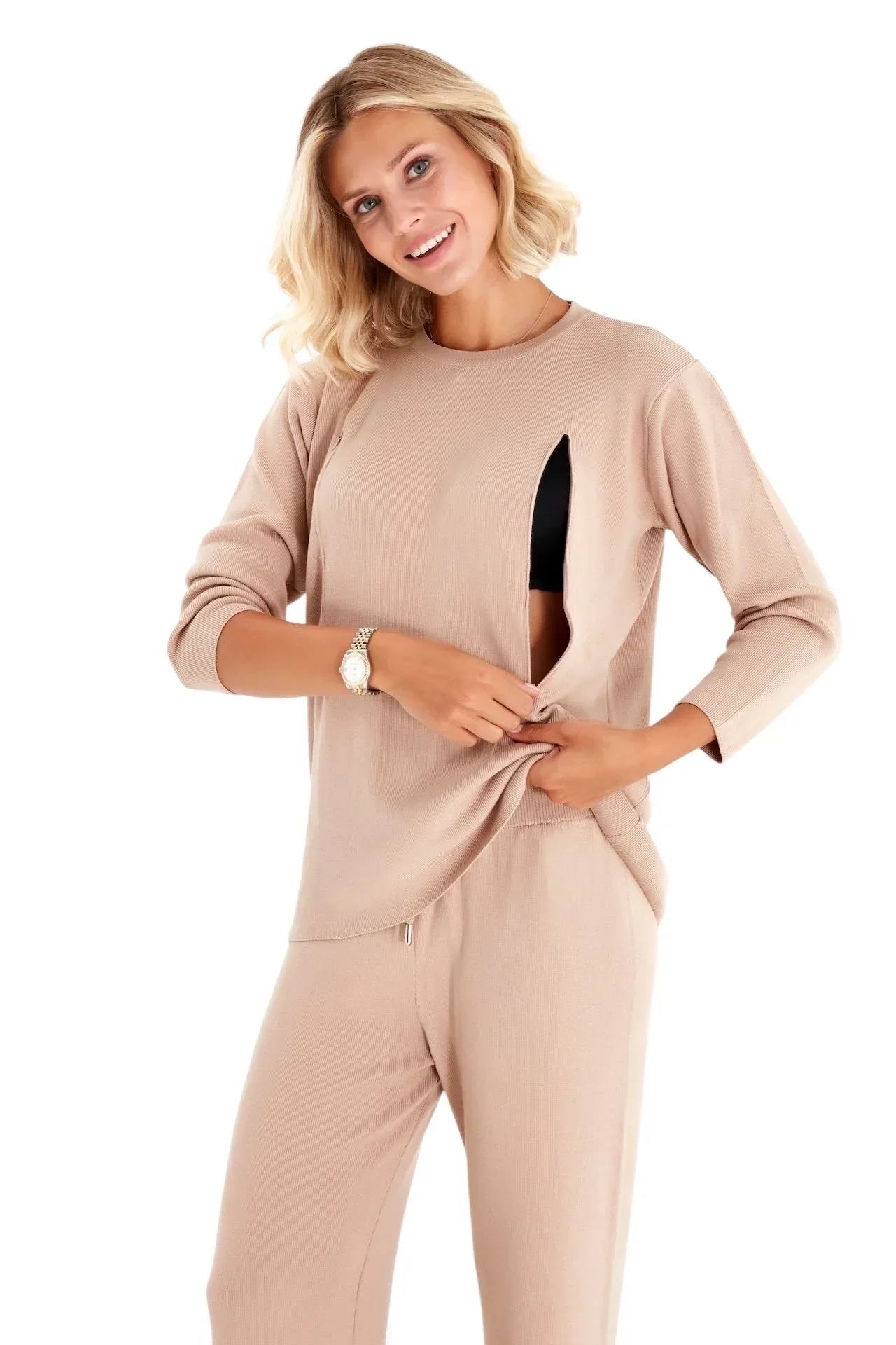 Effortless Elegance Set with Rib Side Zip Long Sleeve Maternity/Nursing Top & Lounge Pants - Image 3