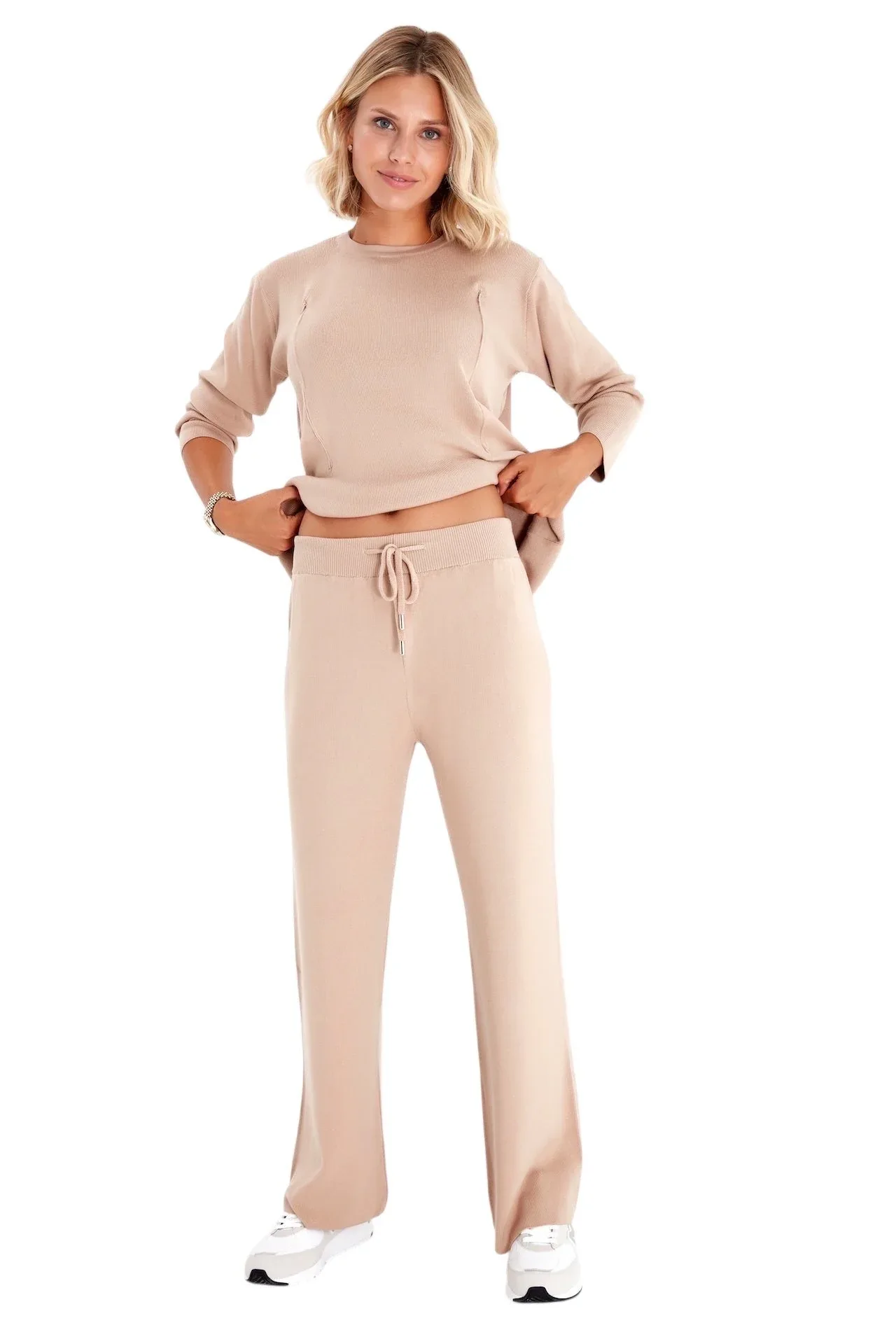 Effortless Elegance Set with Rib Side Zip Long Sleeve Maternity/Nursing Top & Lounge Pants - Image 5