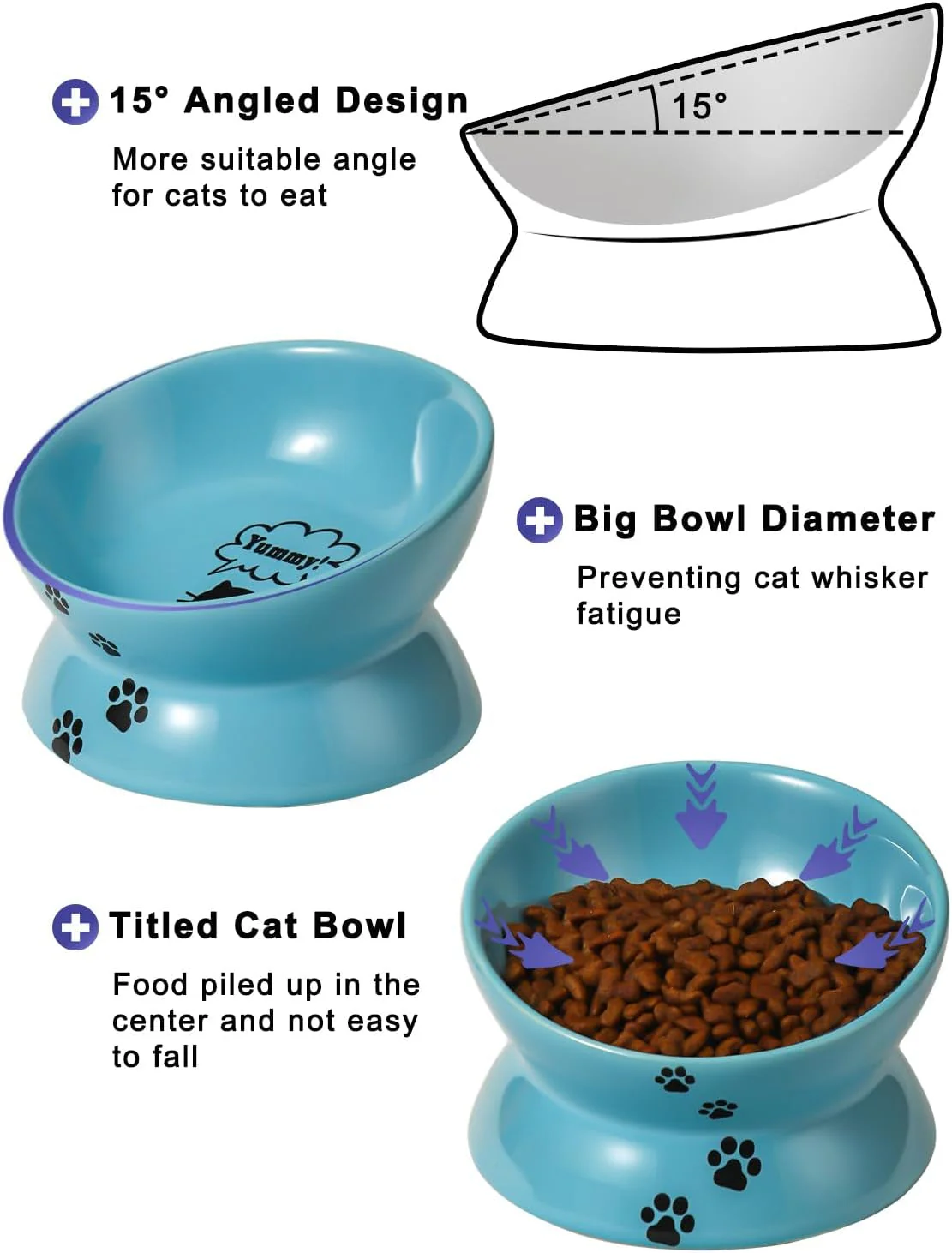 Elevated Cat Food Bowl, Ceramic Raised Cat Bowl, Tilt Angle Protect Cat'S Spine, anti Vomiting Cat Dish, Backflow Prevention, Lake Blue - Image 2