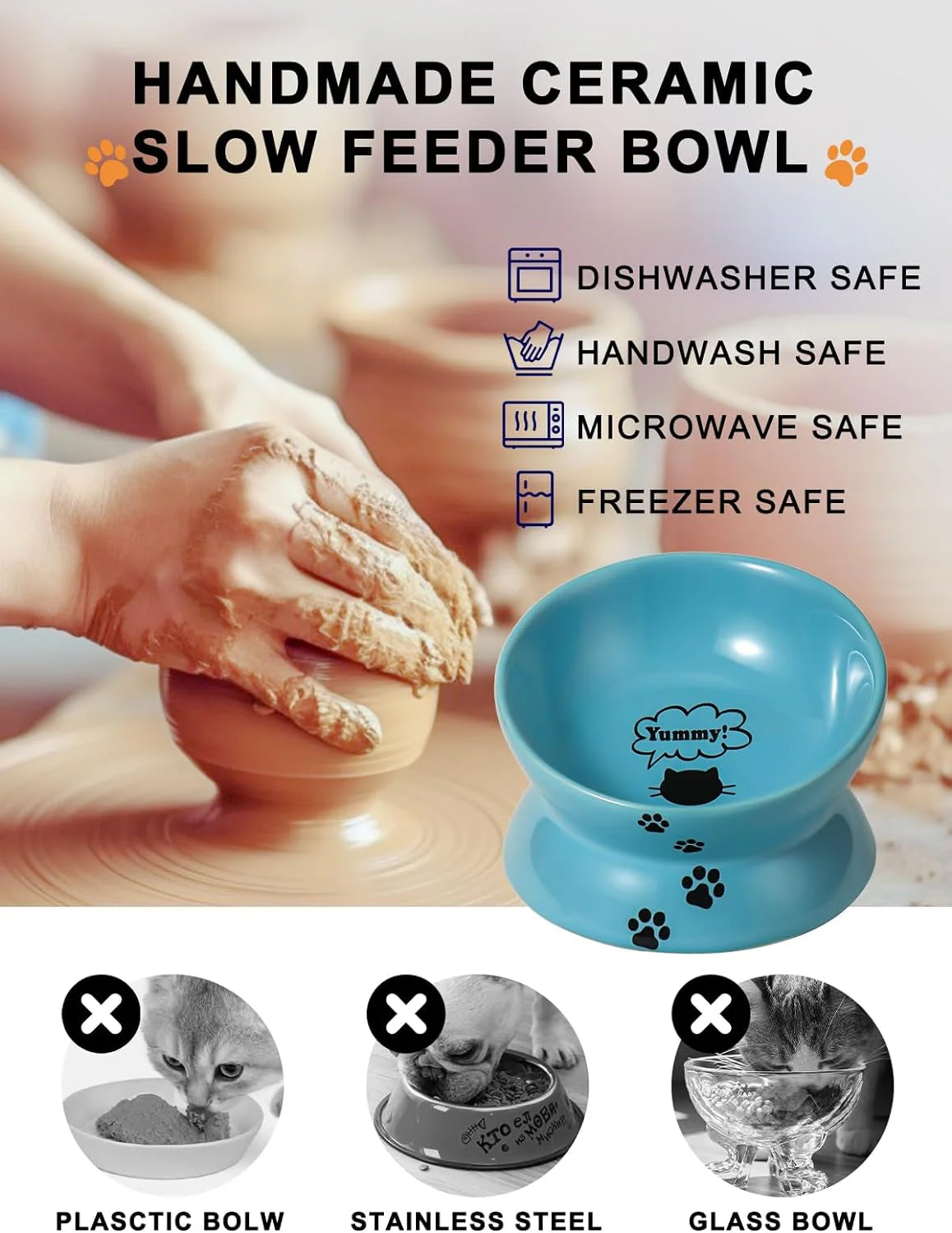 Elevated Cat Food Bowl, Ceramic Raised Cat Bowl, Tilt Angle Protect Cat'S Spine, anti Vomiting Cat Dish, Backflow Prevention, Lake Blue - Image 6