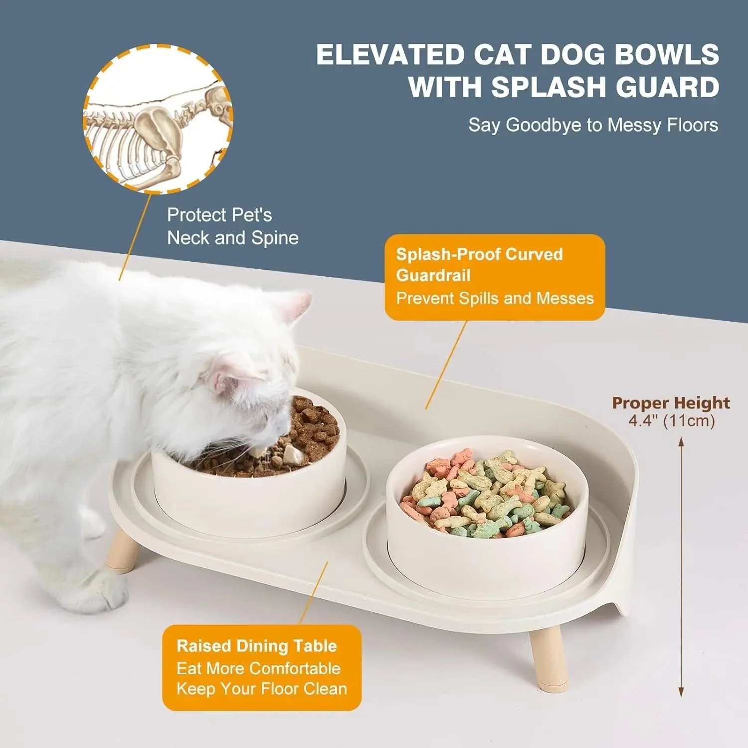 Elevated Ceramic Cat & Dog Bowl Set with Splash Guard, Non-Slip Stand (2x480ml) - Image 3
