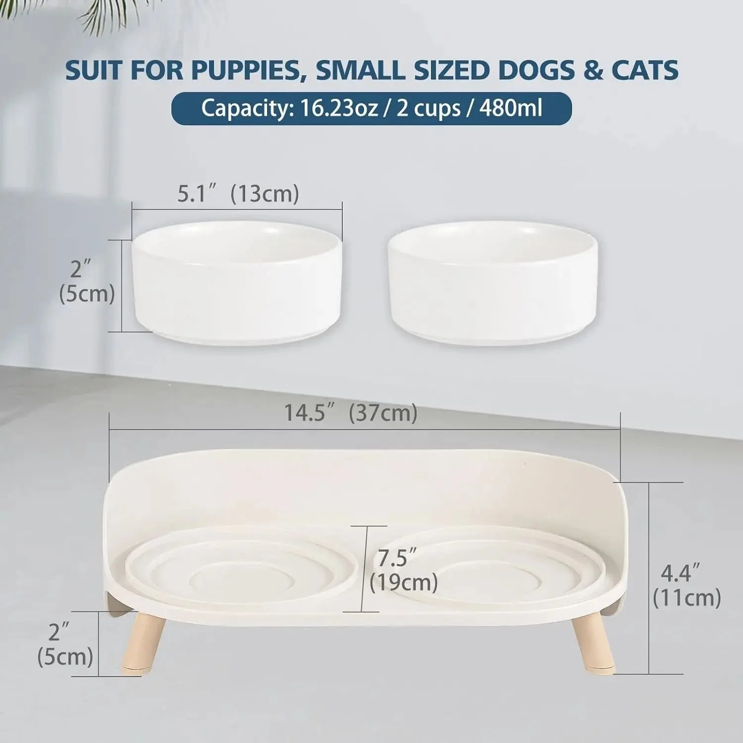 Elevated Ceramic Cat & Dog Bowl Set with Splash Guard, Non-Slip Stand (2x480ml) - Image 6