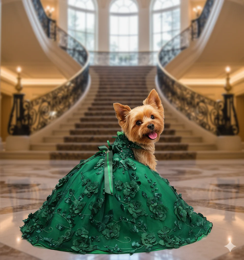 Emerald Green Floral Pet Gown | Luxury Dog Dress for Weddings & Special Occasions - Image 3