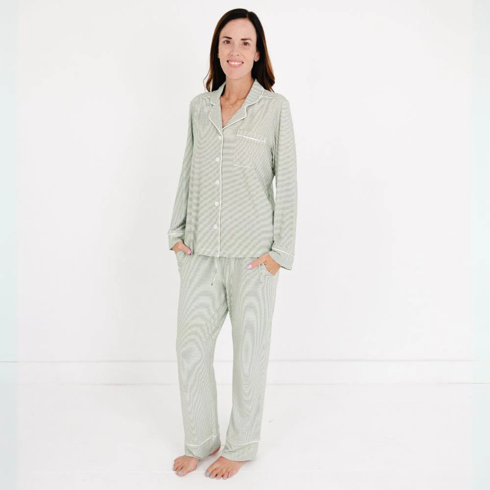 Evergreen Stripe Long Sleeve & Pants Bamboo Women's Pajama Set - Image 4