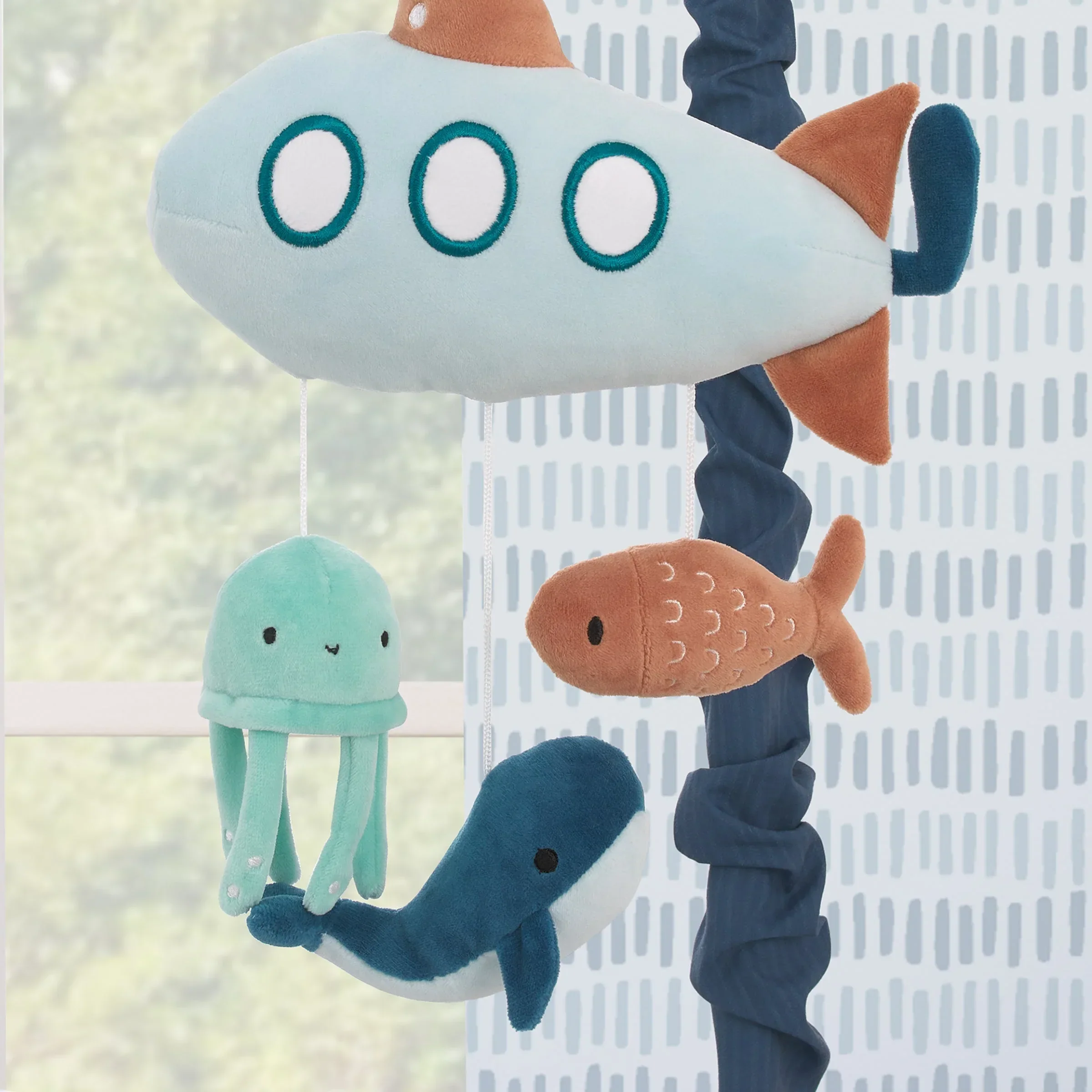 Explore Dream Discover Light Blue, Navy, and Aqua Submarine Plush Musical Mobile - Image 2
