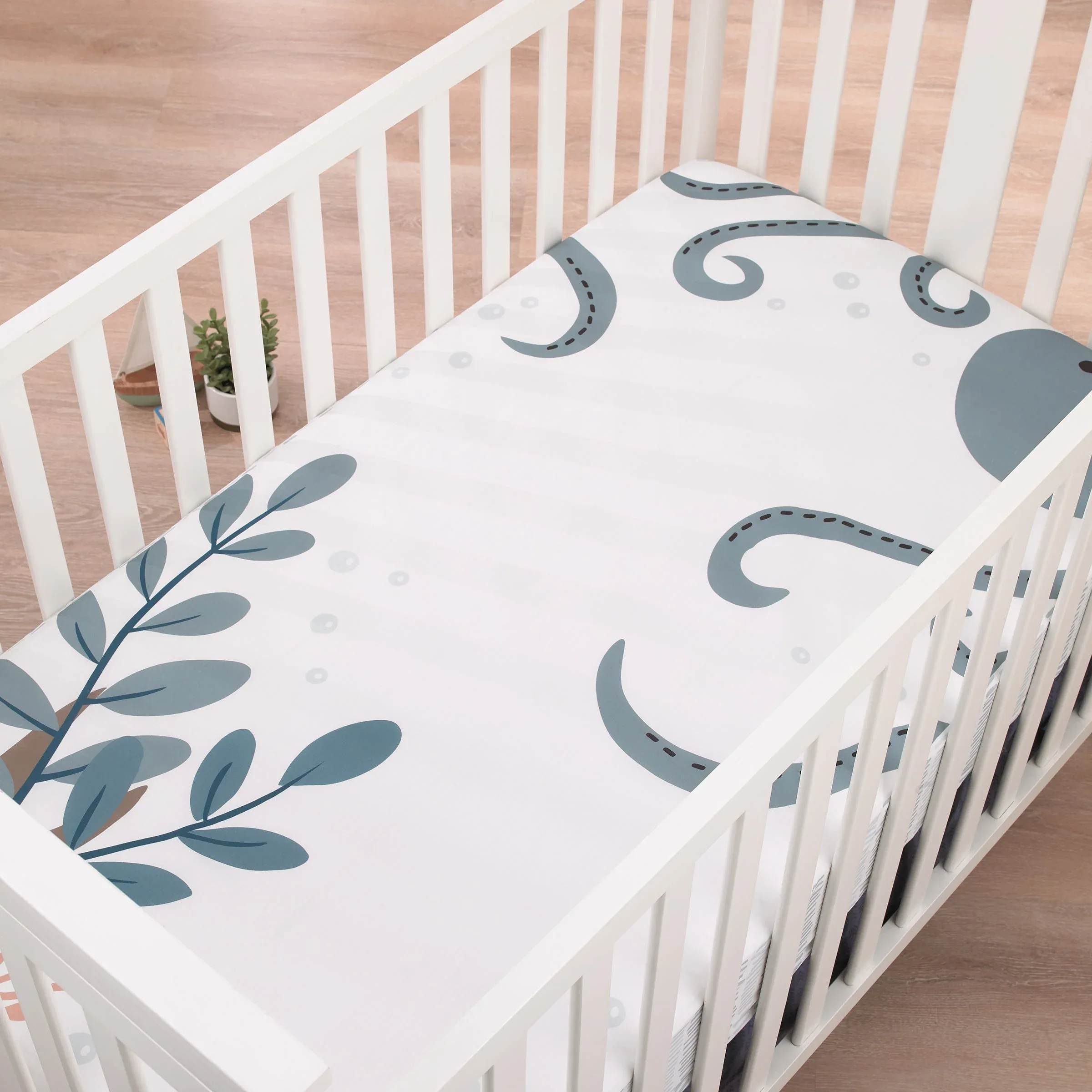 Explore Dream Discover Light Blue, Navy, and White Octopus 100% Cotton Nursery Photo Op Fitted Crib Sheet - Image 3
